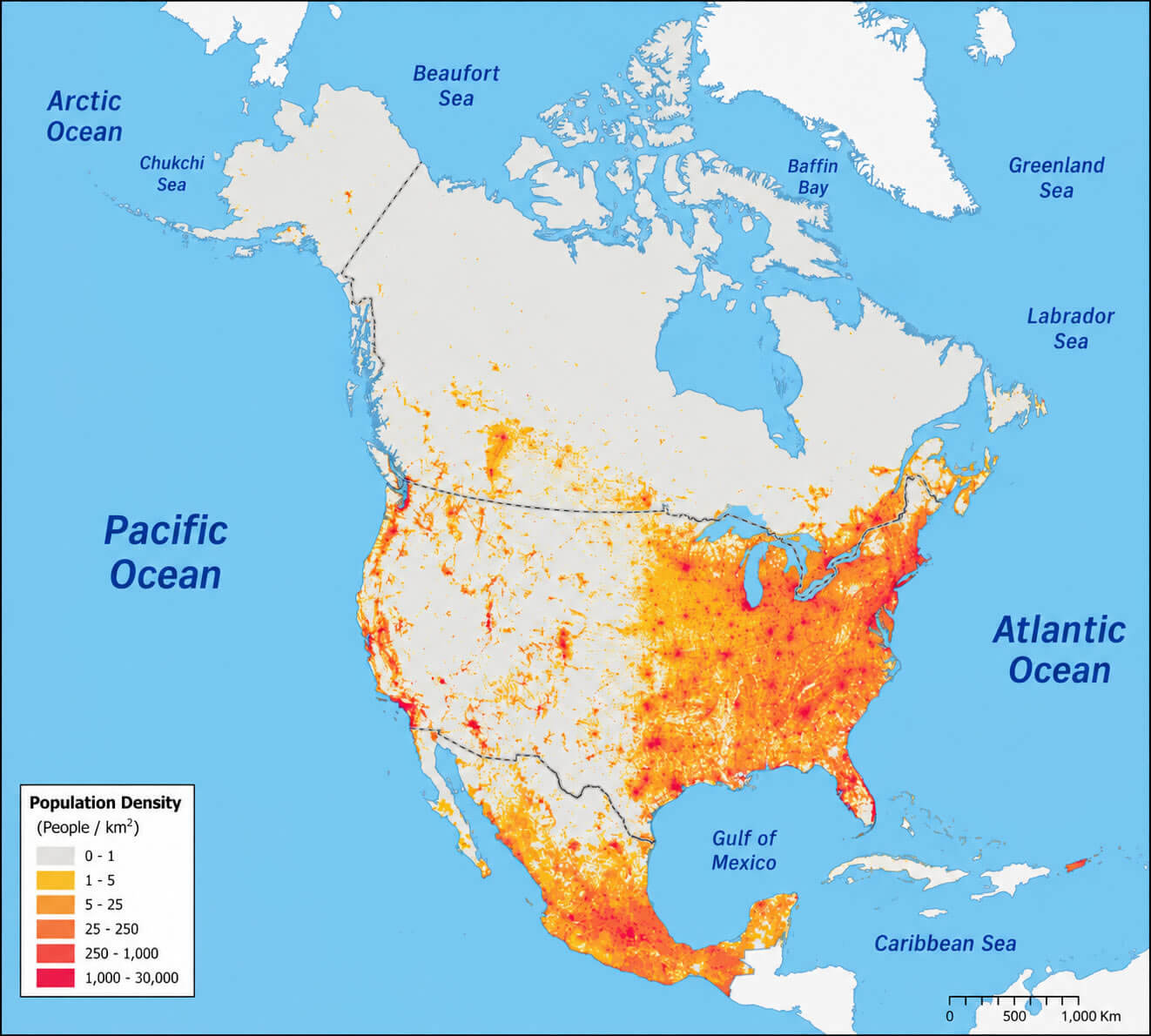 Carte detaillee densite population Amerique du Nord