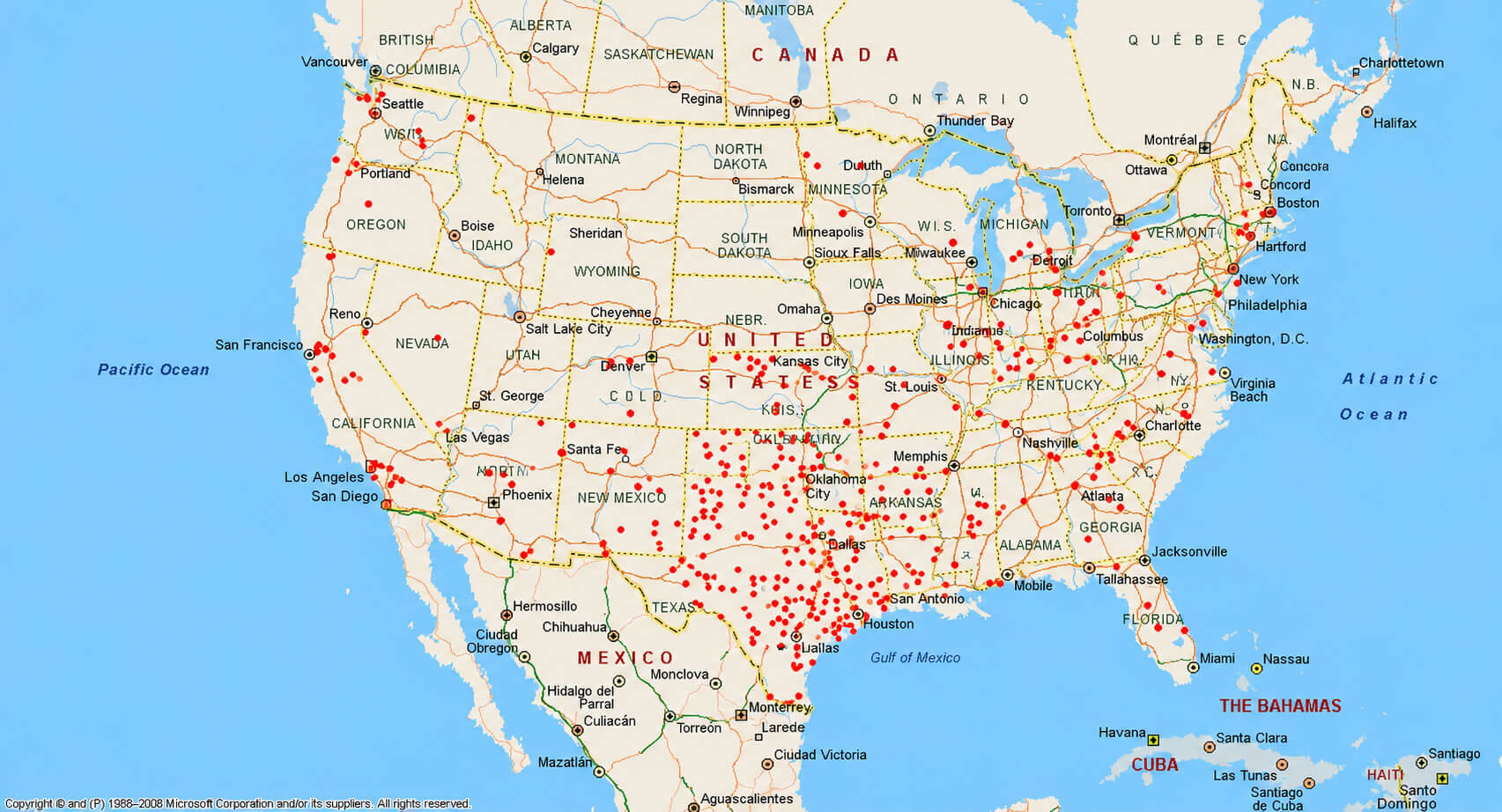 Carte repartition population Amerique du Nord