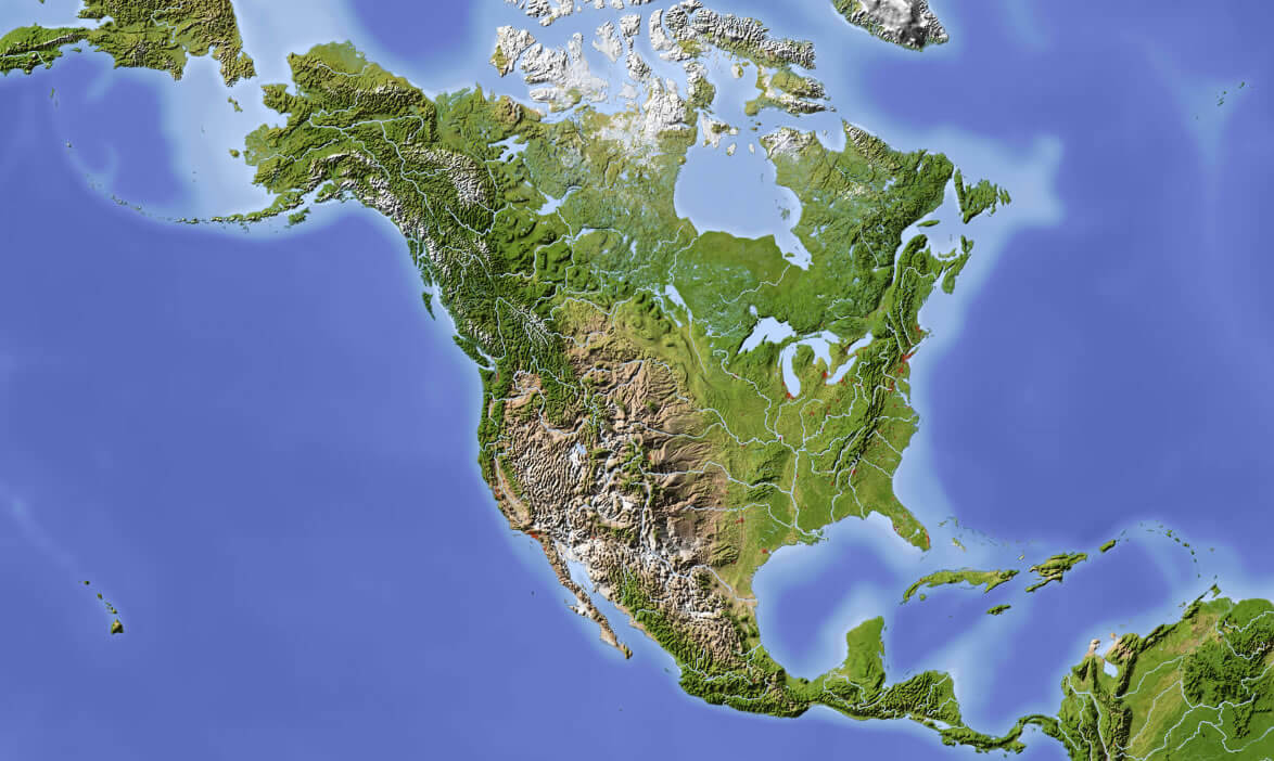 Carte satellite relief Amerique du Nord