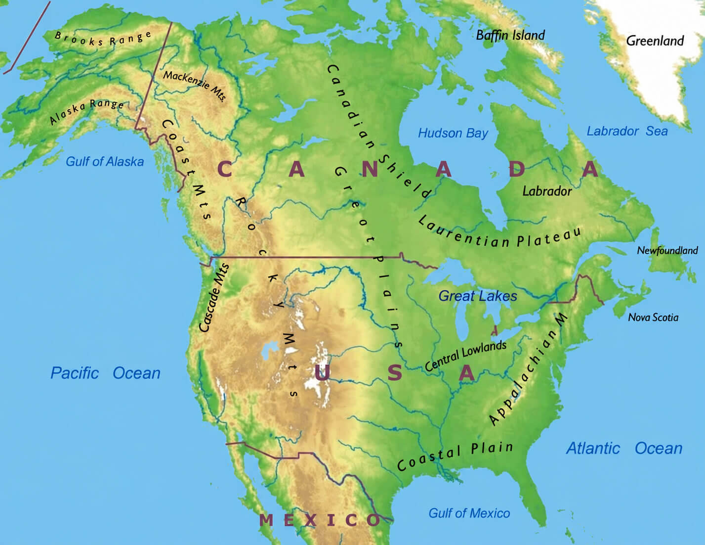 Carte physique Amerique du Nord