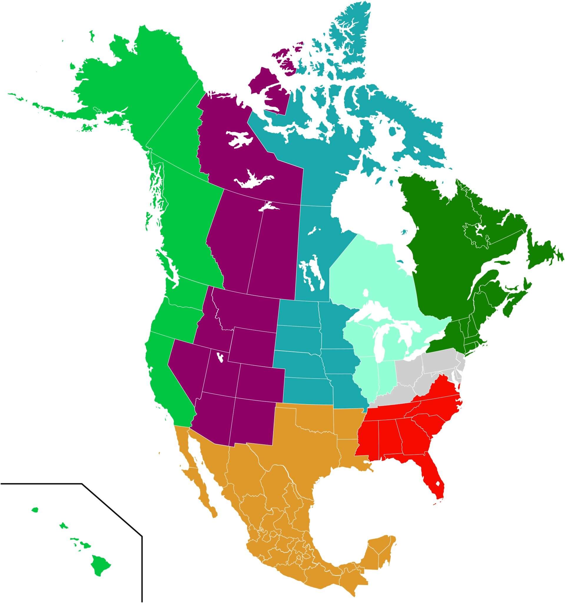 Carte regions Amerique du Nord