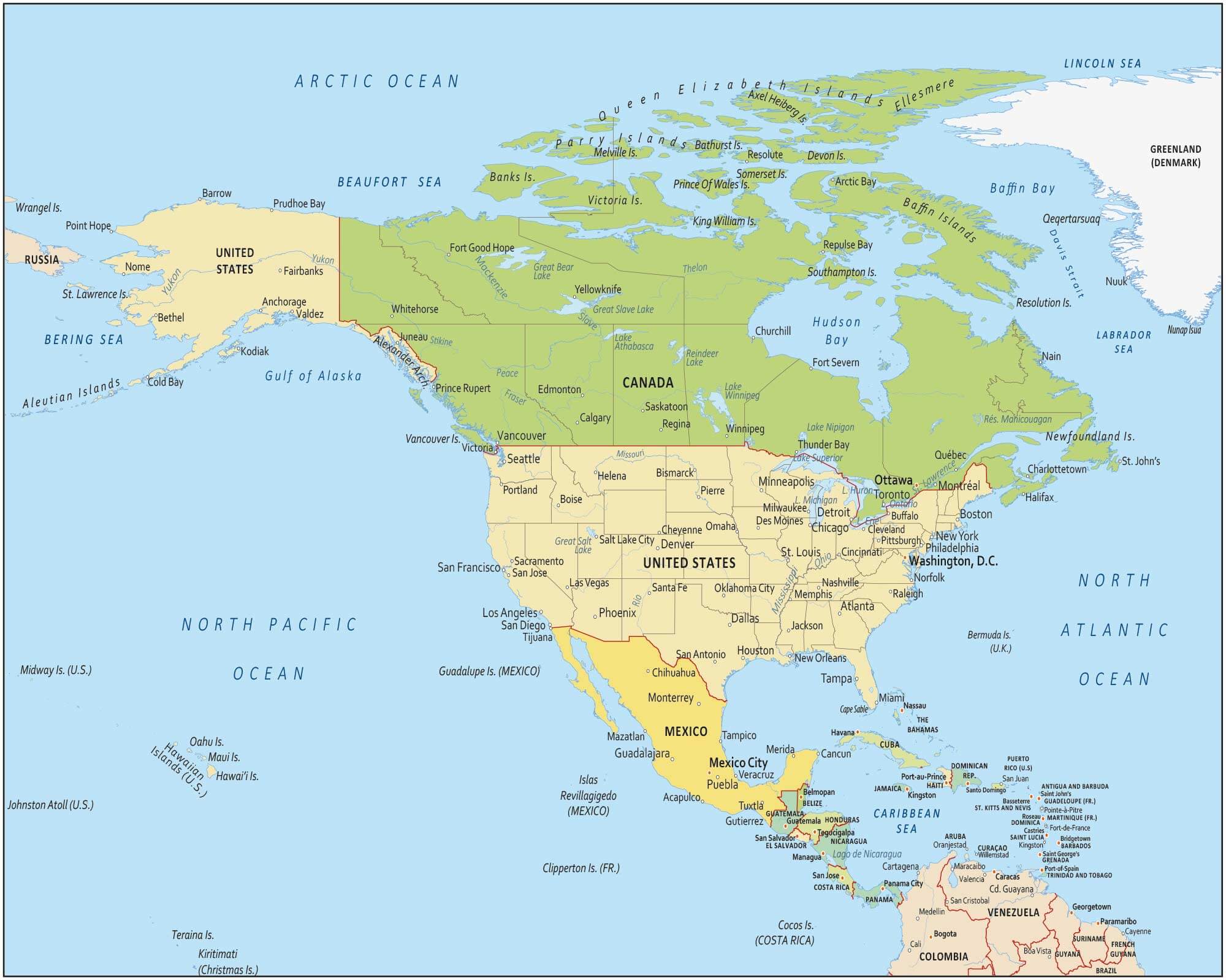 Carte des pays et villes de l'Amérique du Nord