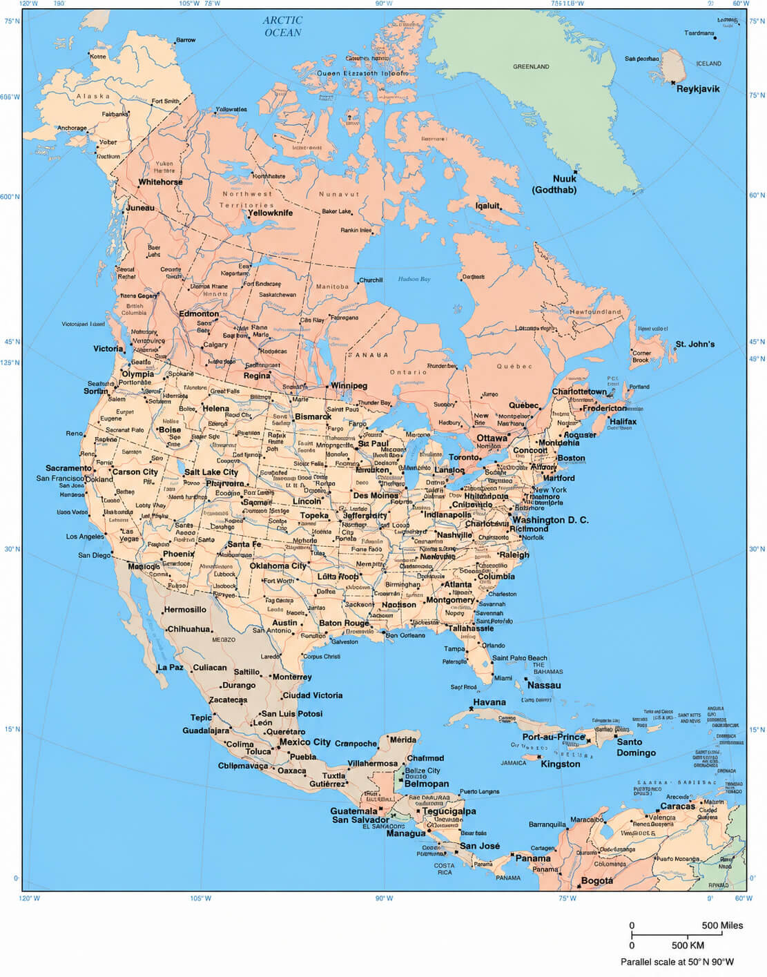 Carte des grandes villes de l'Amérique du Nord