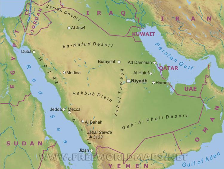 physique carte du Arabie Saoudite