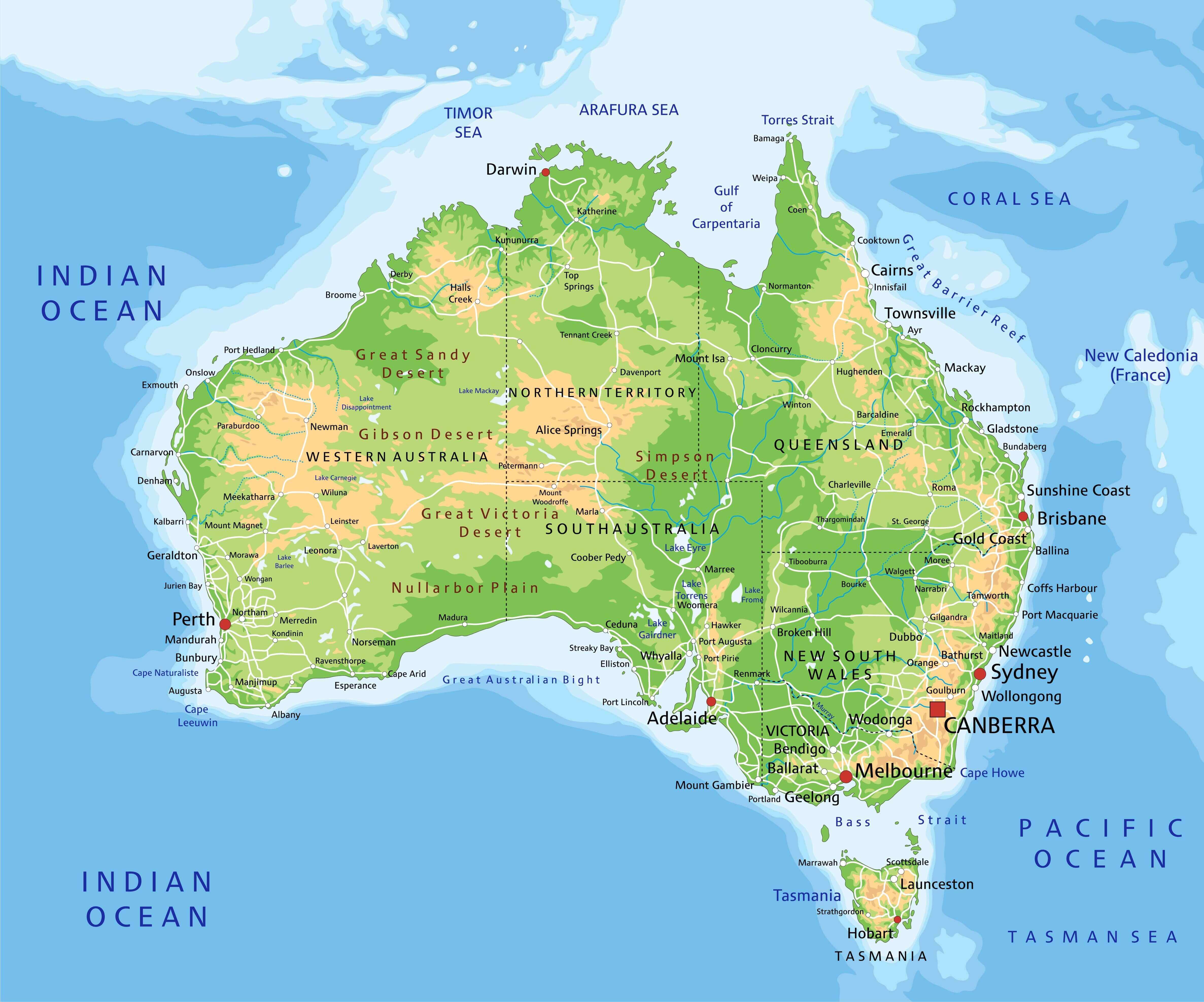 Australie detaille physique Carte
