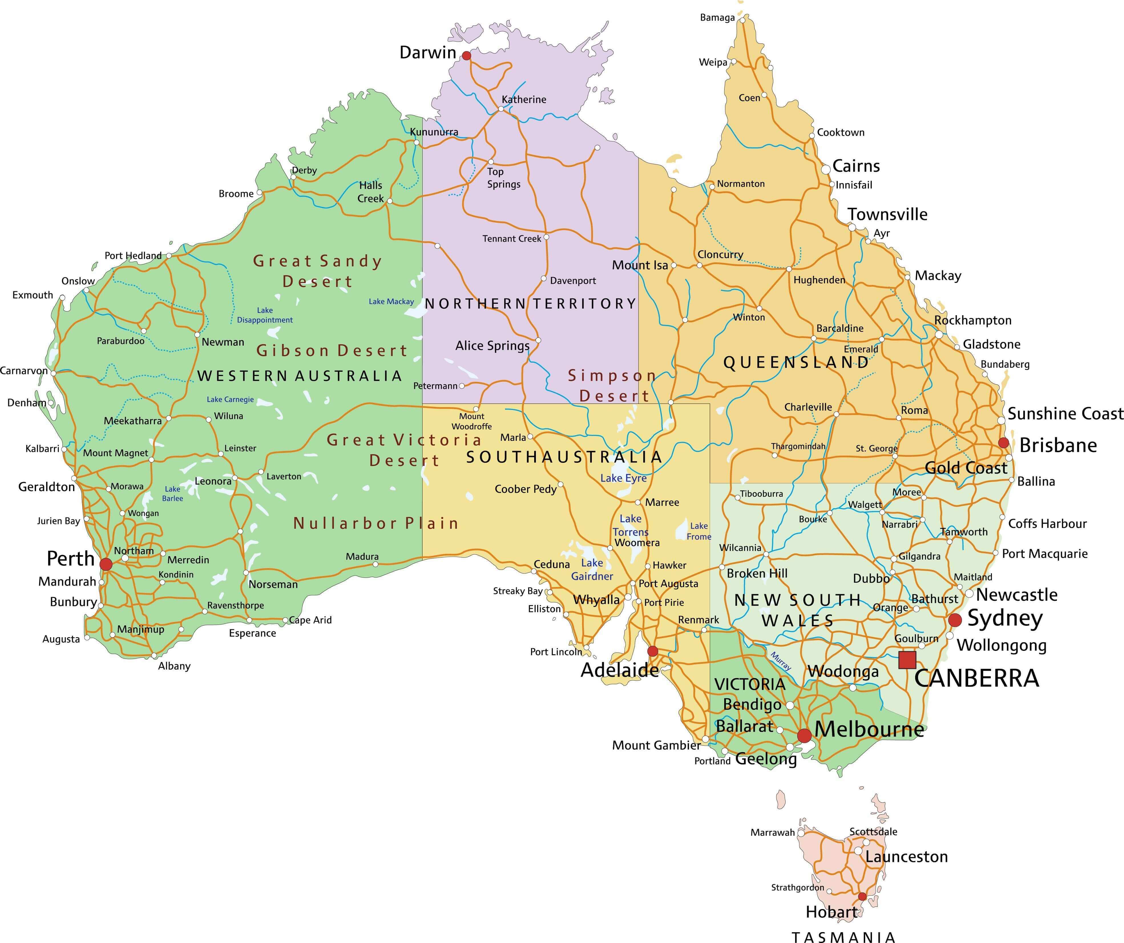 Australie villes régions Carte