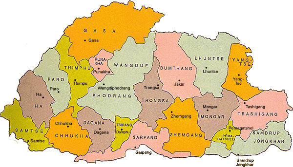 Bhoutan regions carte