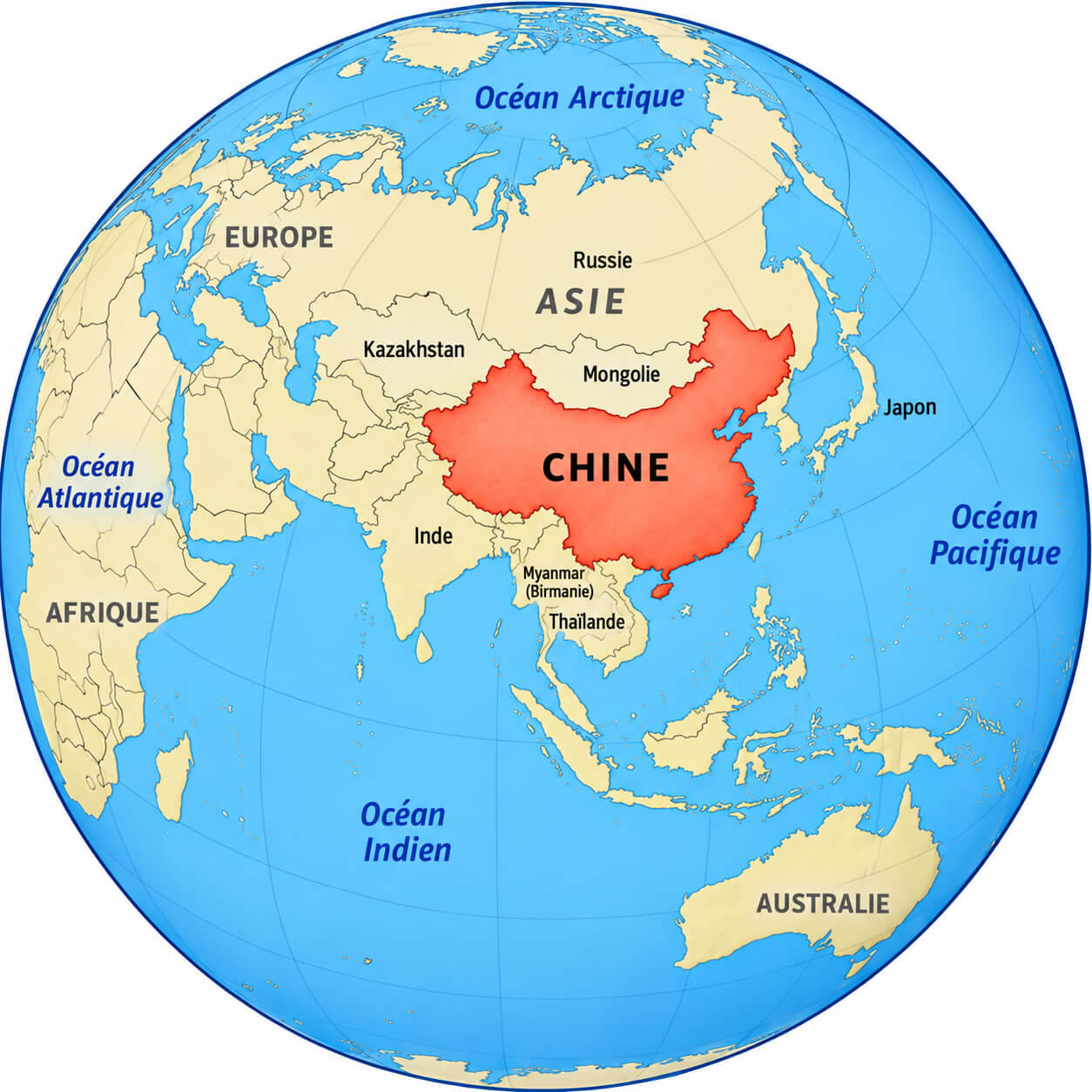 Carte de la Chine sur le Globe