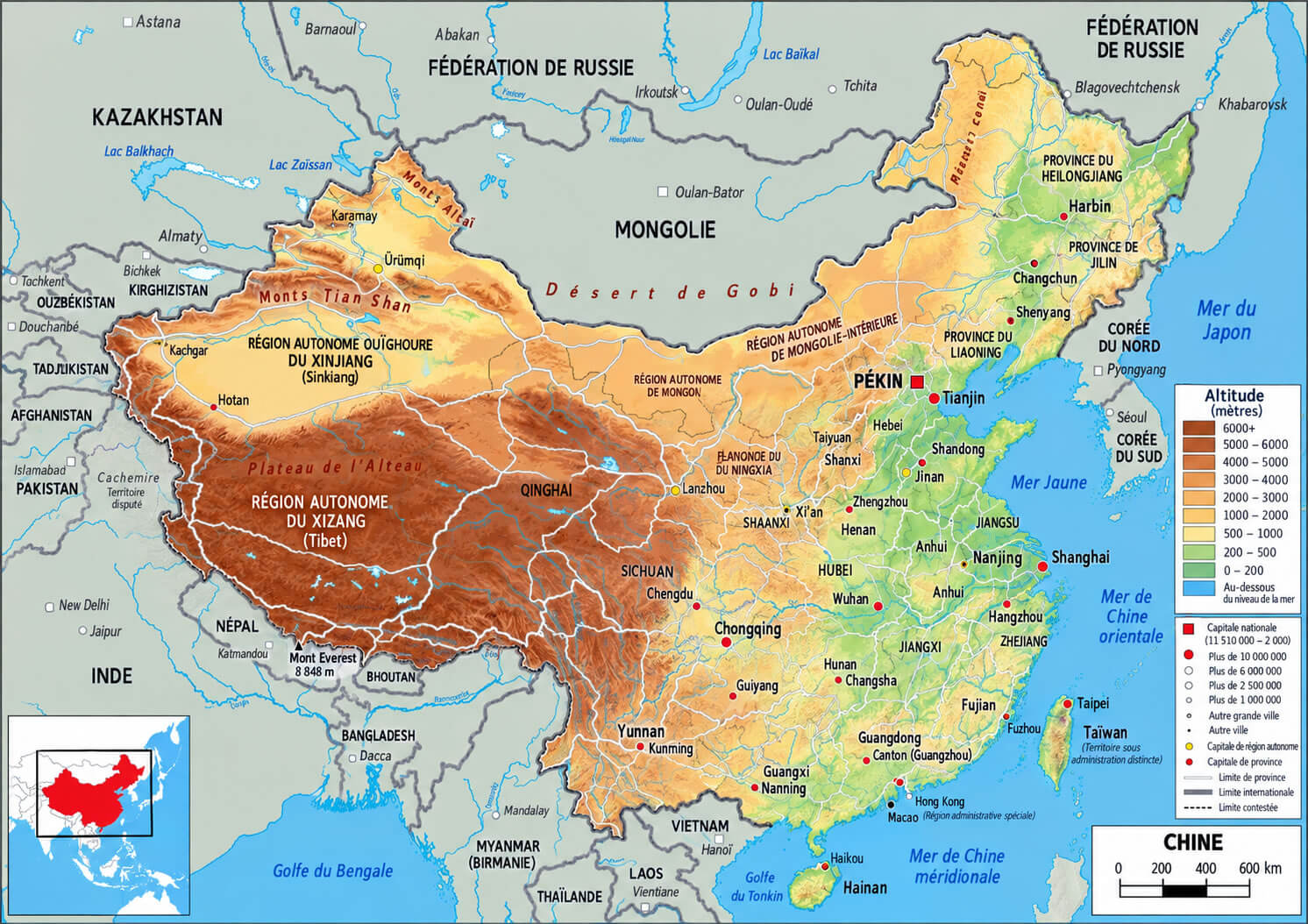 Carte de localisation physique de la Chine