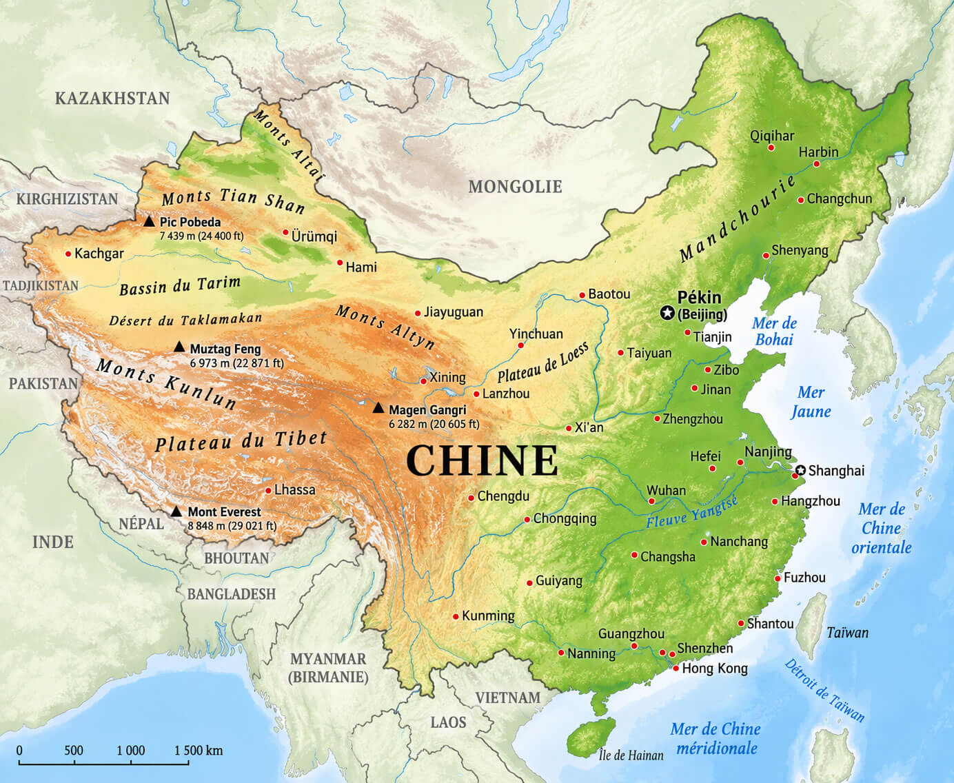 Carte geographique physique de la Chine