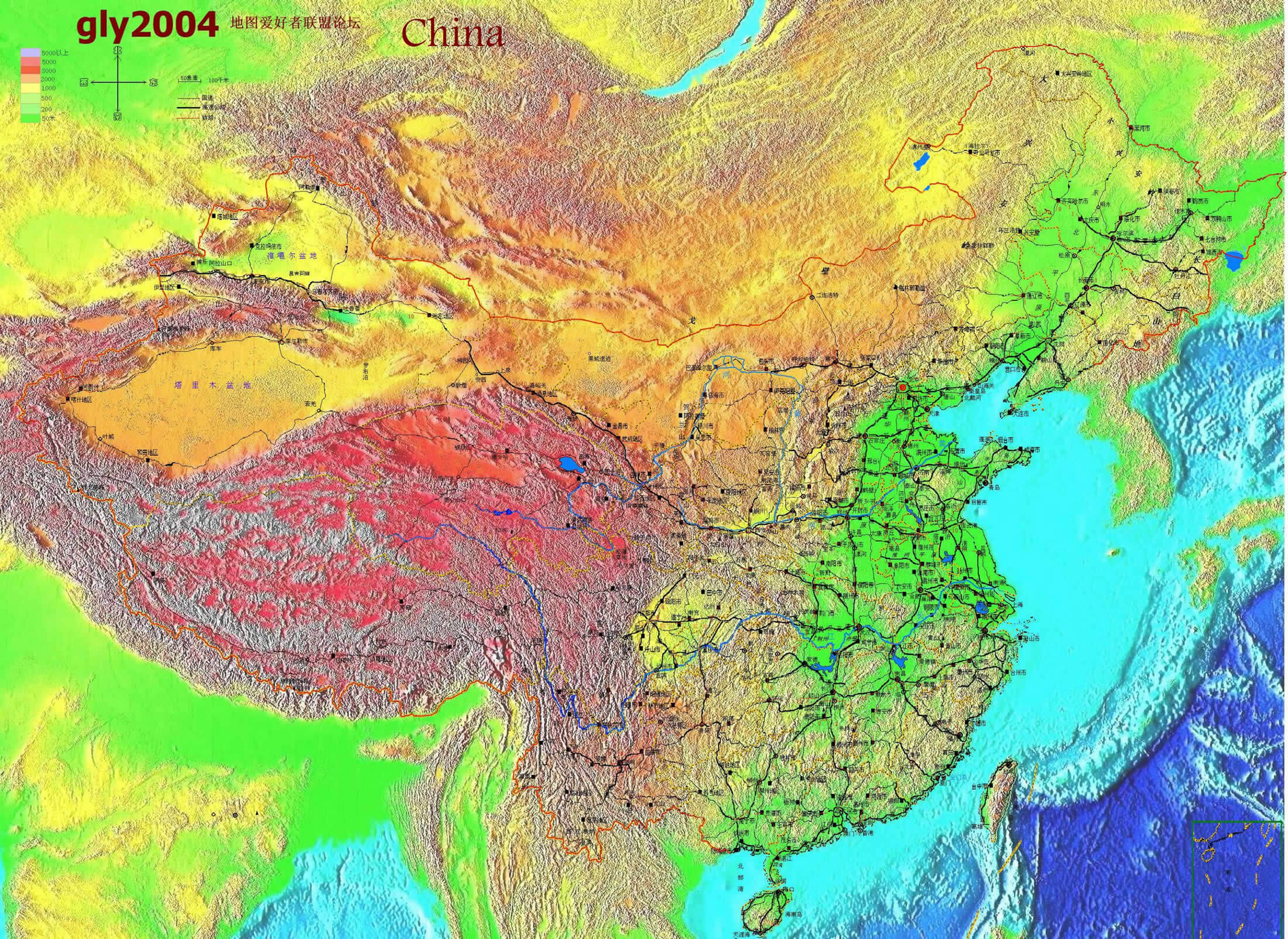 Carte physique de la Chine 2004