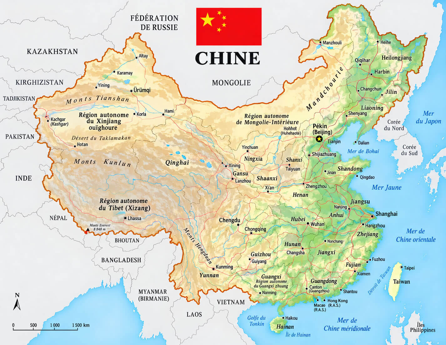 Carte physique de la Chine avec drapeau