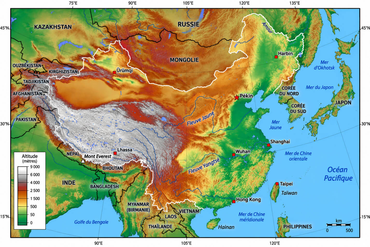 Carte topographique de la Chine