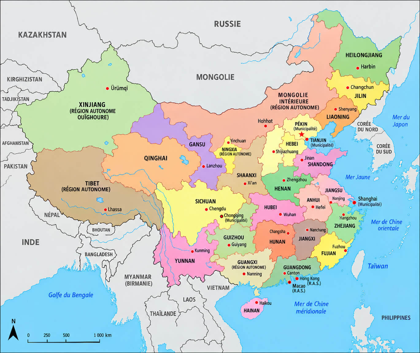 Carte des divisions administratives de la Chine