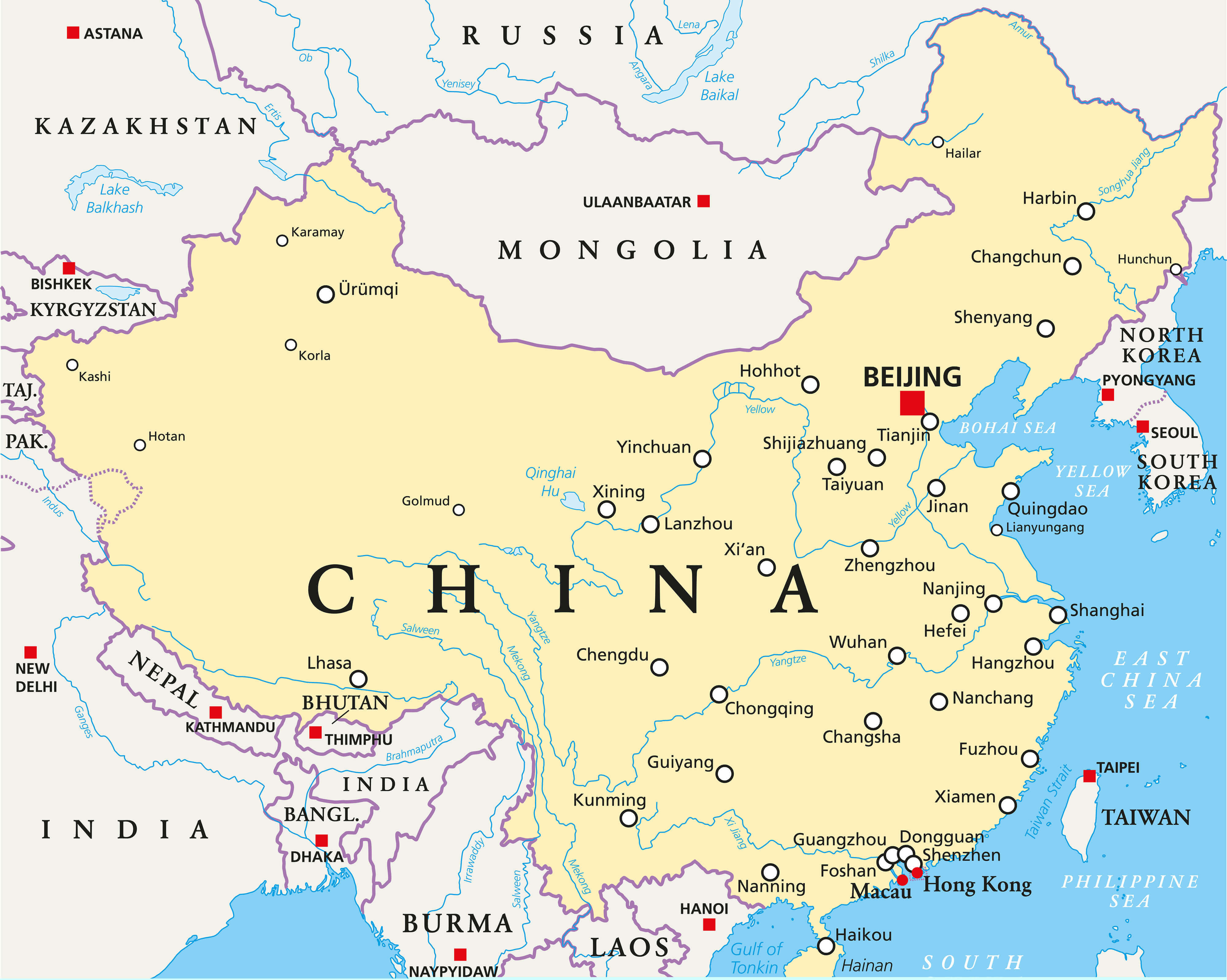 Carte des principales villes de la Chine avec frontieres internationales