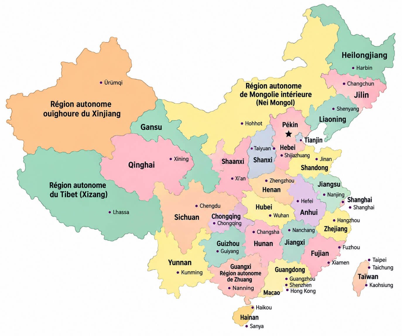 Carte des regions administratives de la Chine