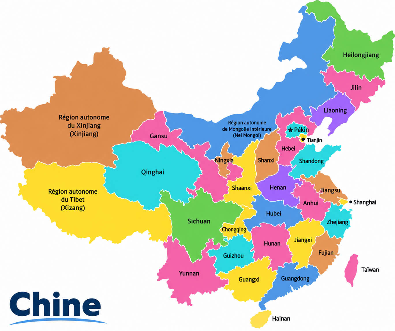 Carte coloree des provinces de la Chine