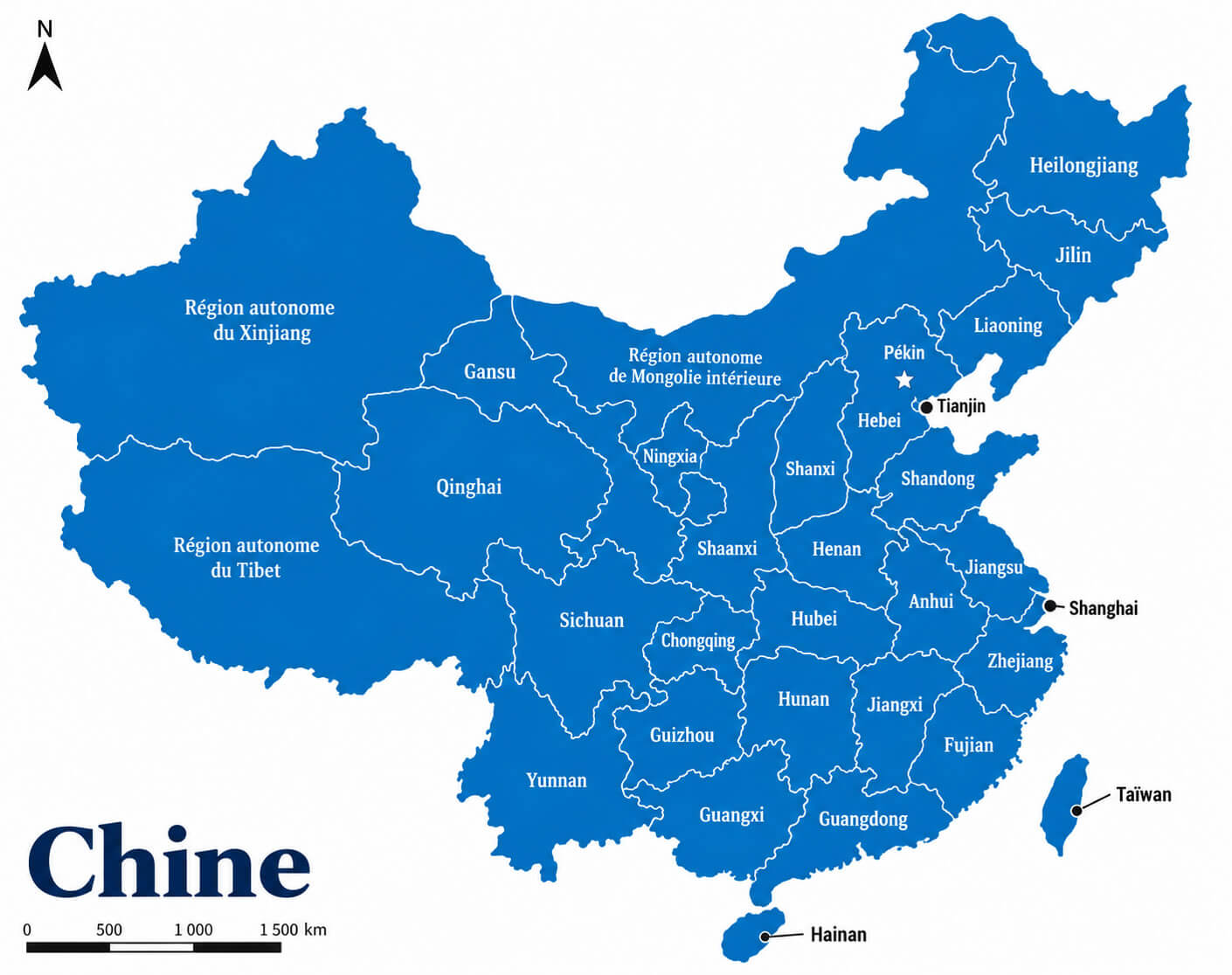 Carte contour de la Chine avec regions