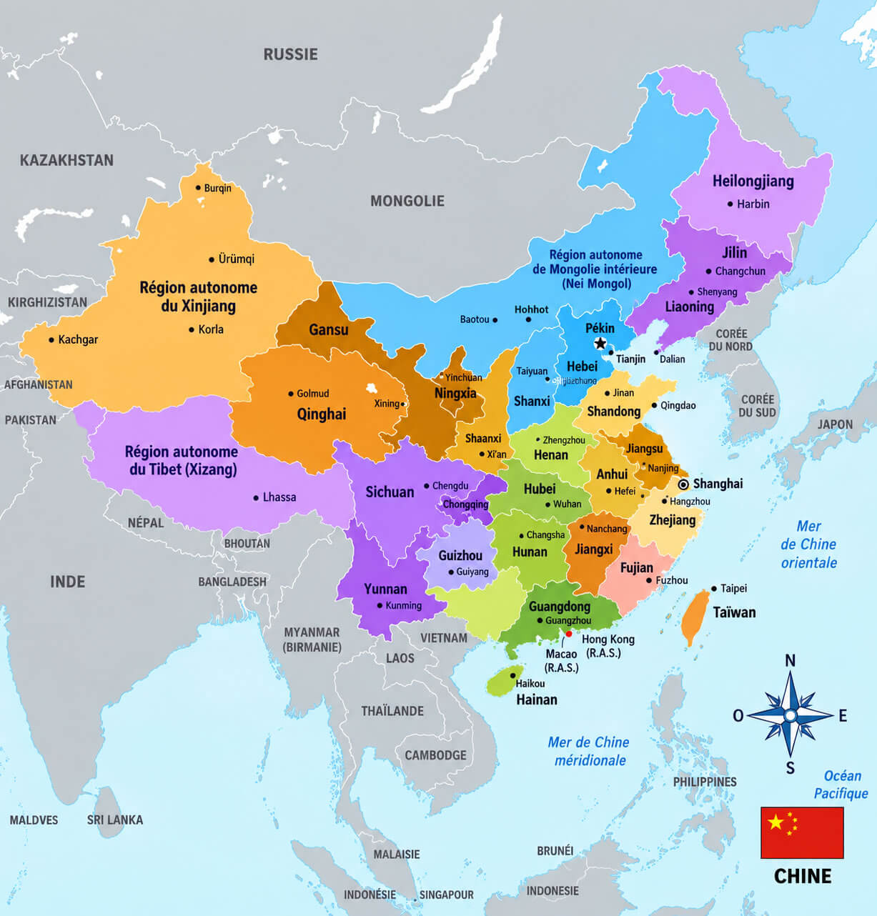 Carte des regions de la Chine avec principales villes
