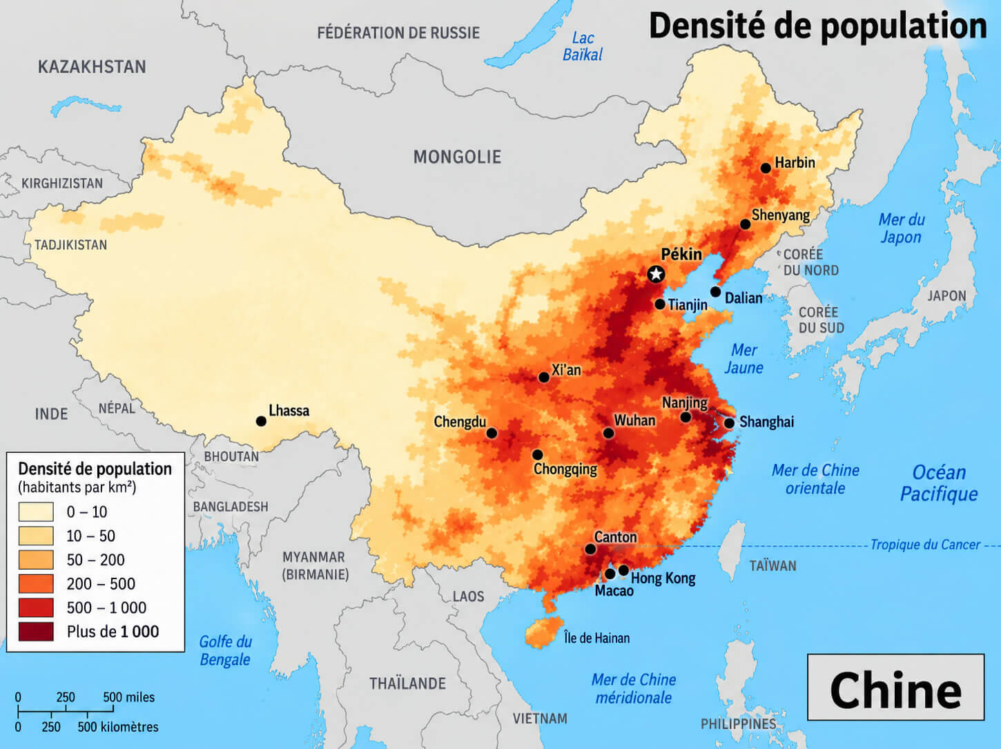 Carte de la densite de population de la Chine