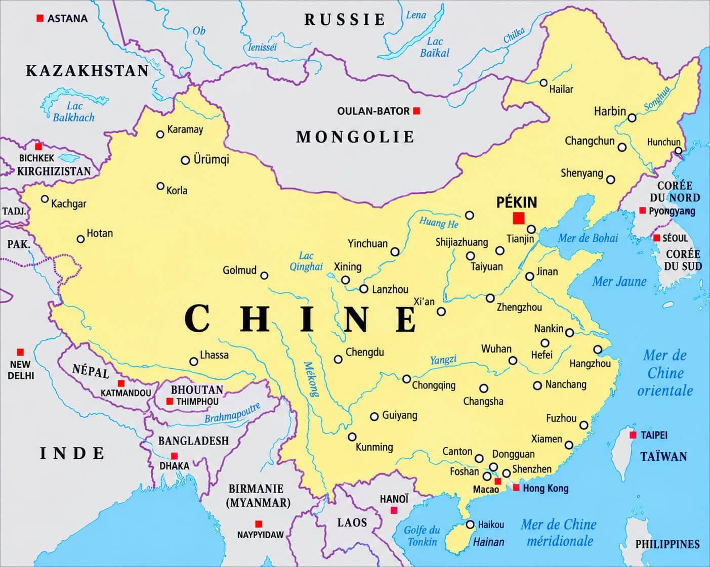 Carte des plus grandes villes de la Chine