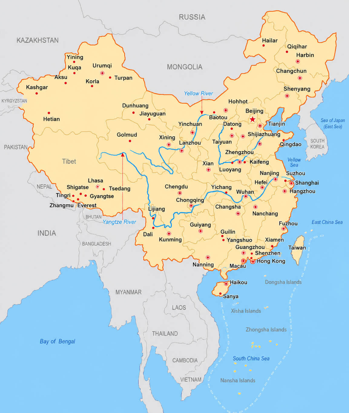 Carte des principales villes de la Chine