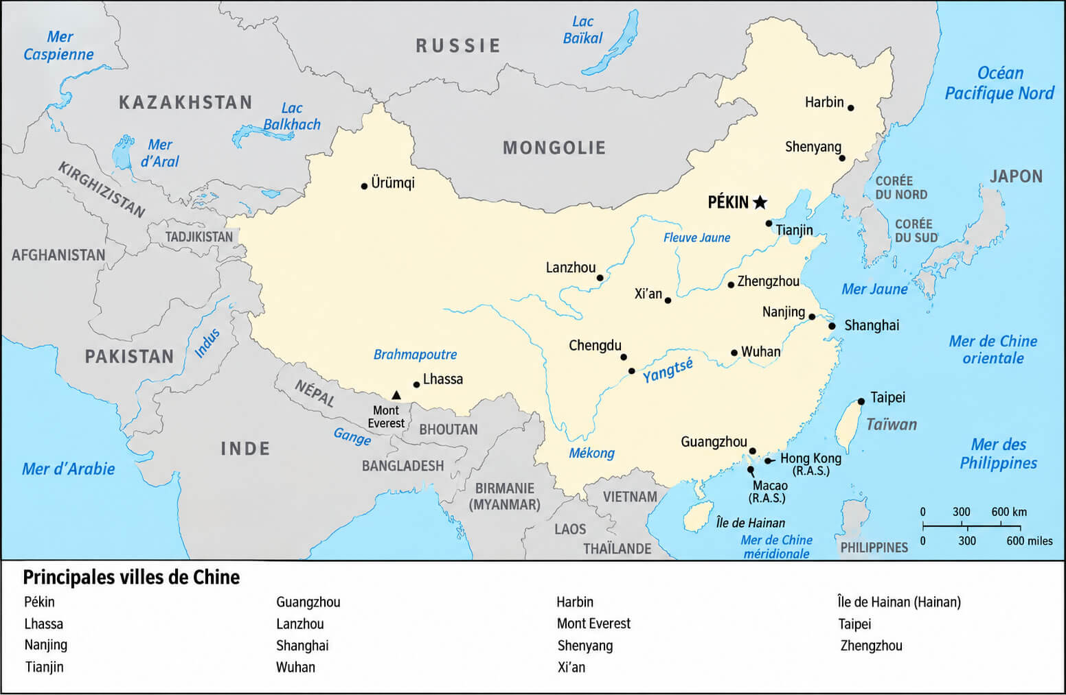 Carte des principales villes et rivieres de la Chine