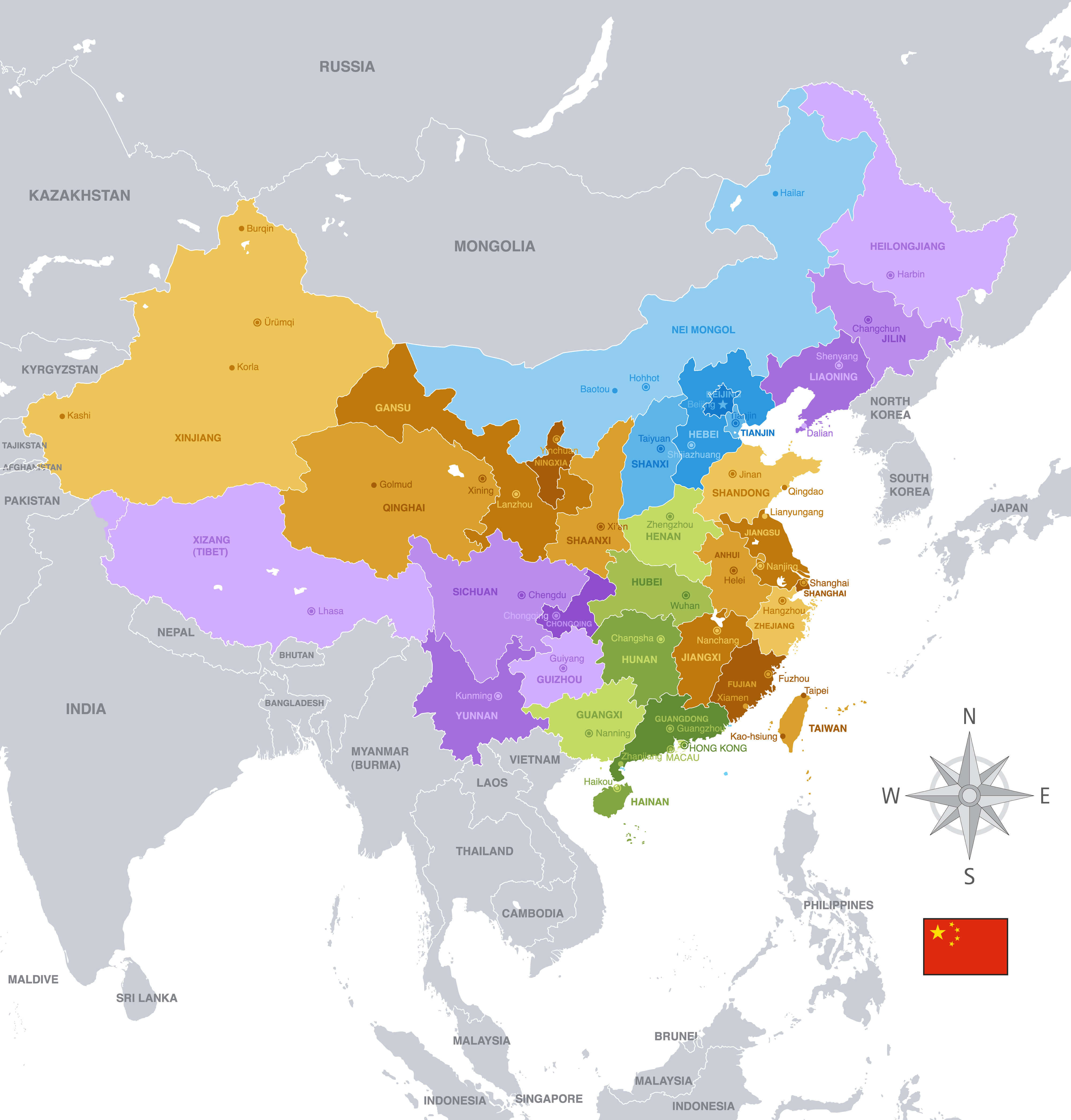 Carte des regions de la Chine avec principales villes