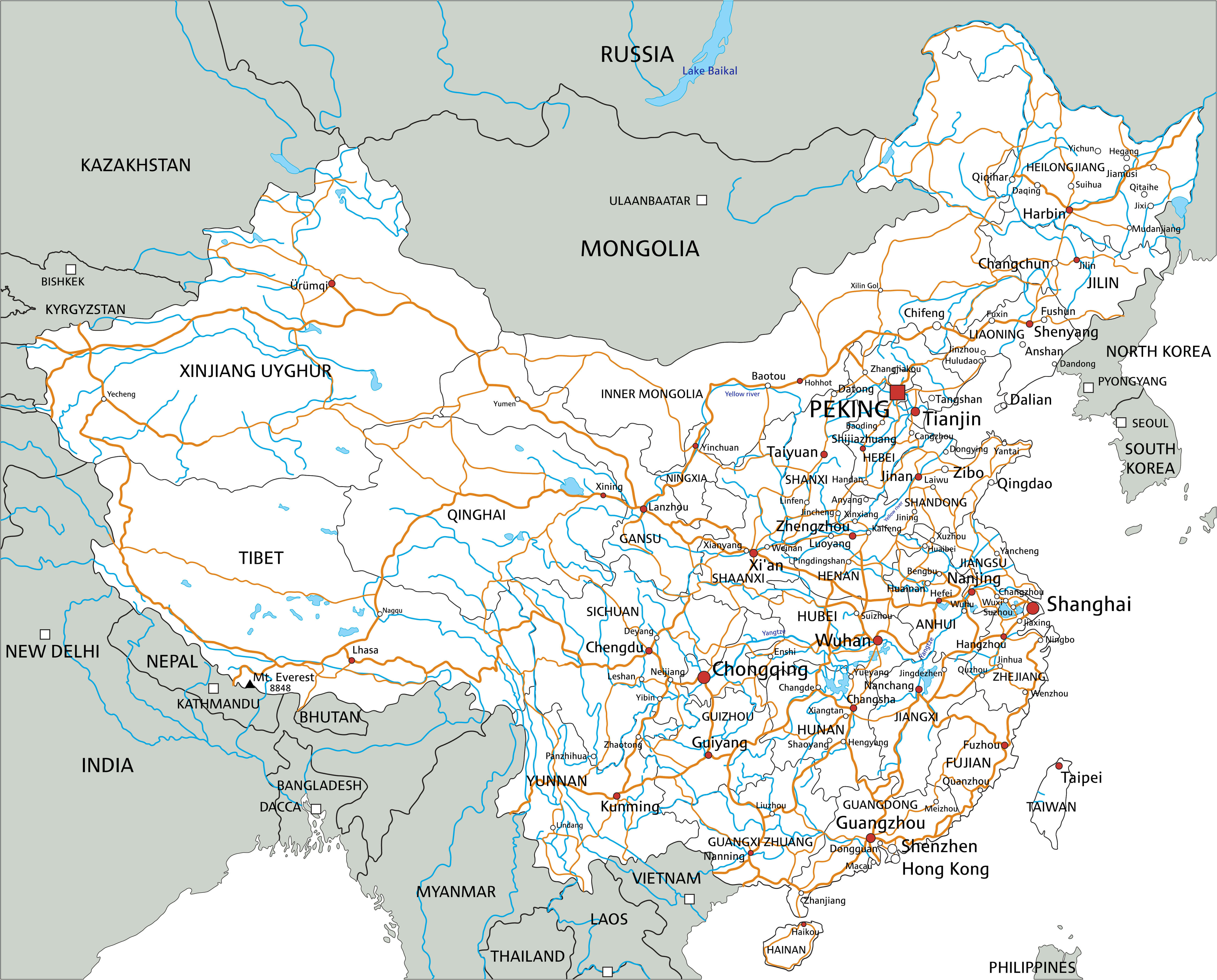 Carte des routes et des villes de la Chine