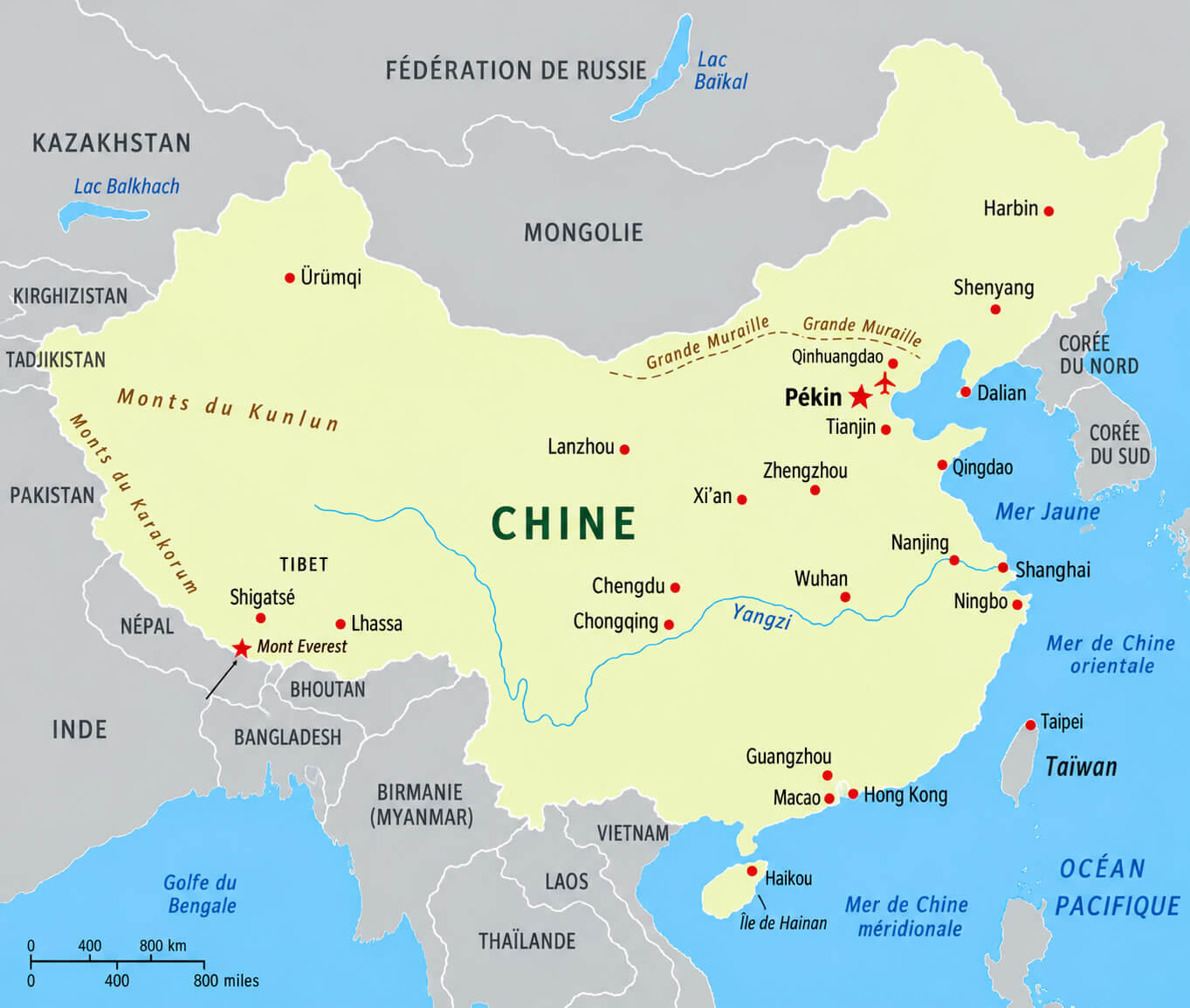 Carte des villes de la Chine et du fleuve yangzi