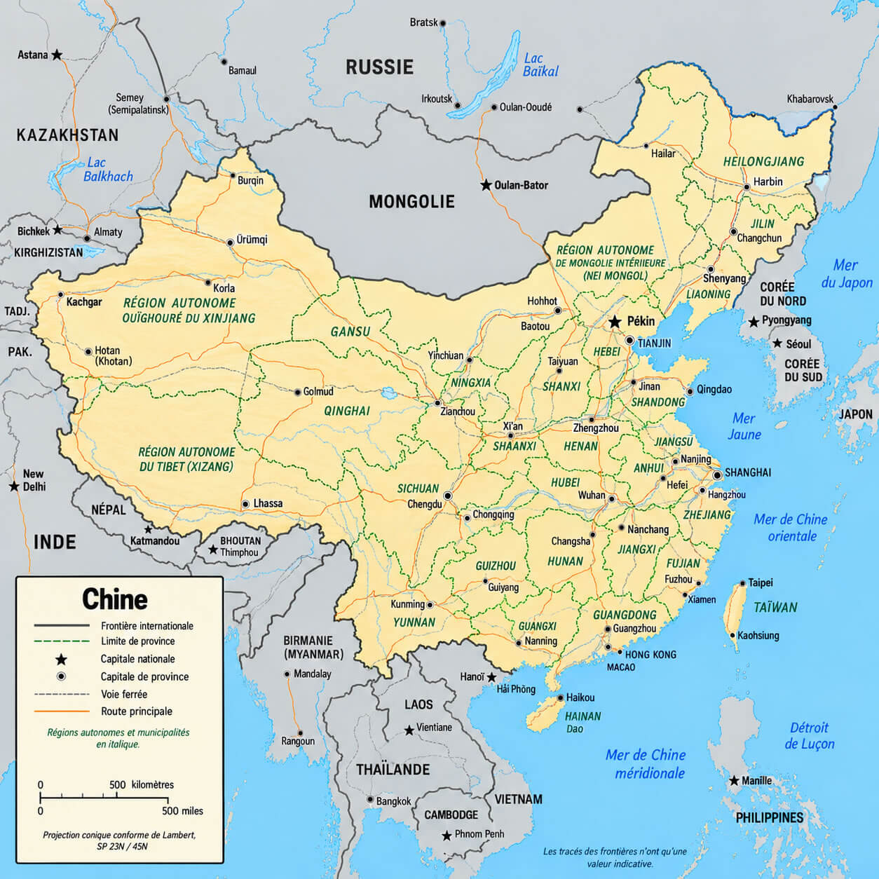 Carte detaillee des villes de la Chine avec rivieres