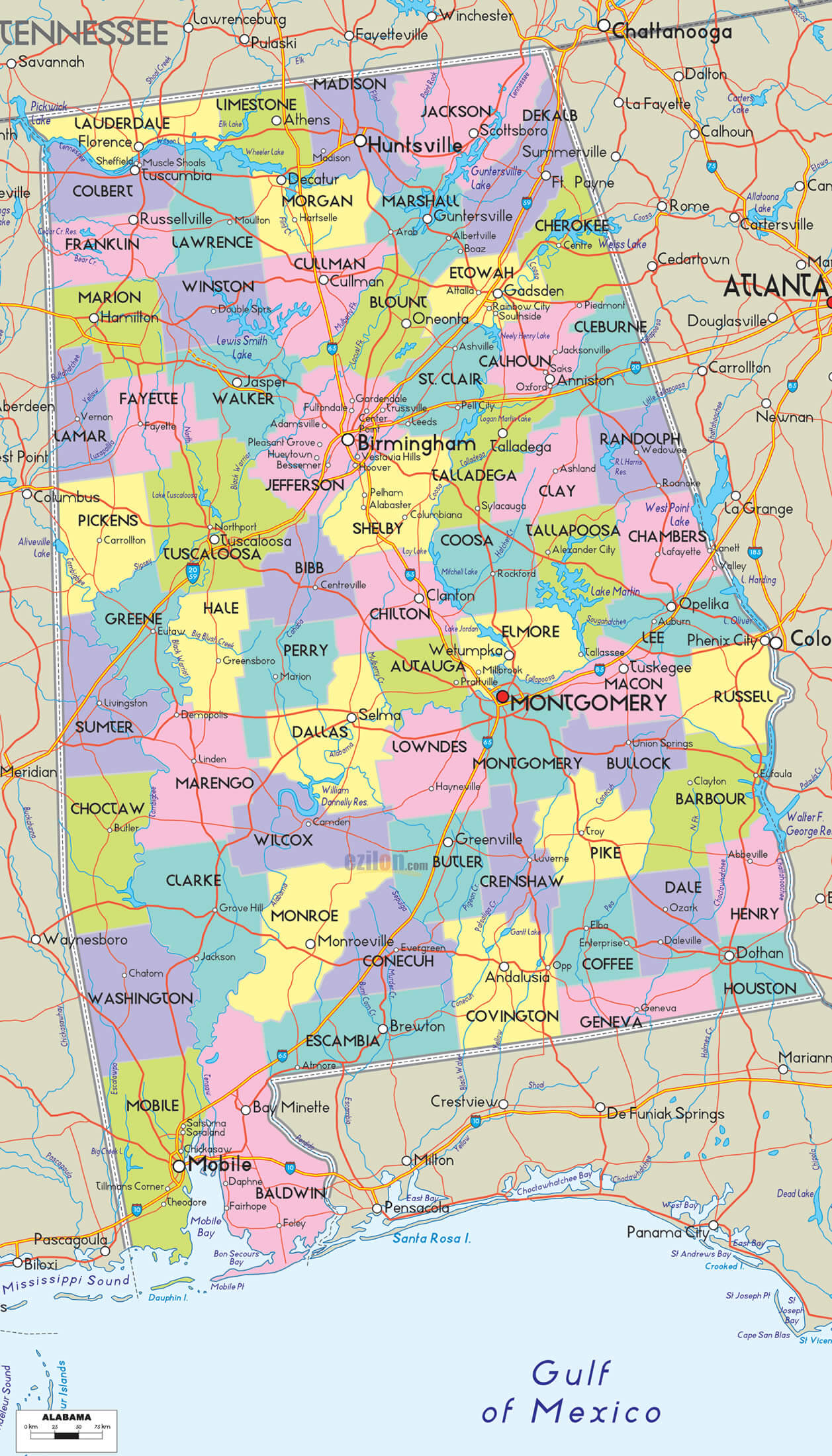 alabama comtes route carte eua