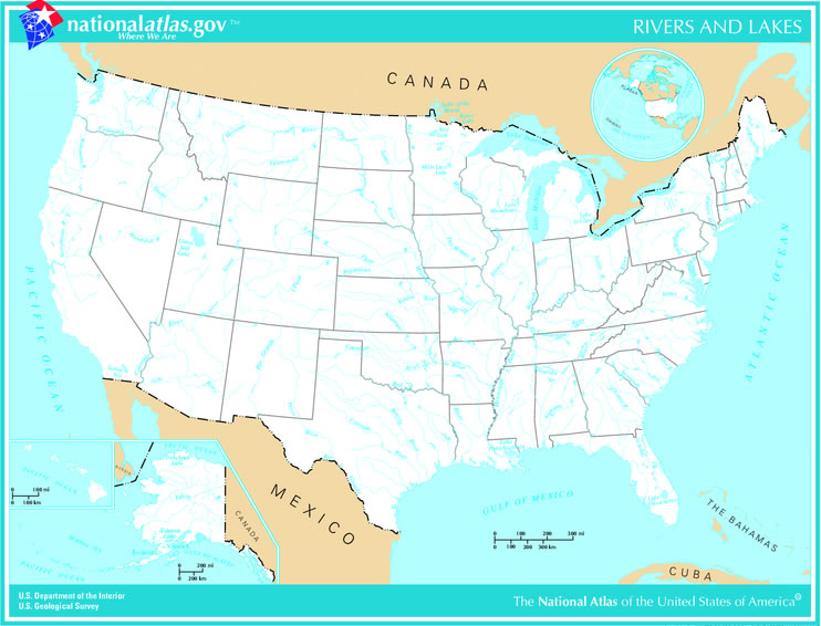 Etats Unis Rivieres And Lacs Carte