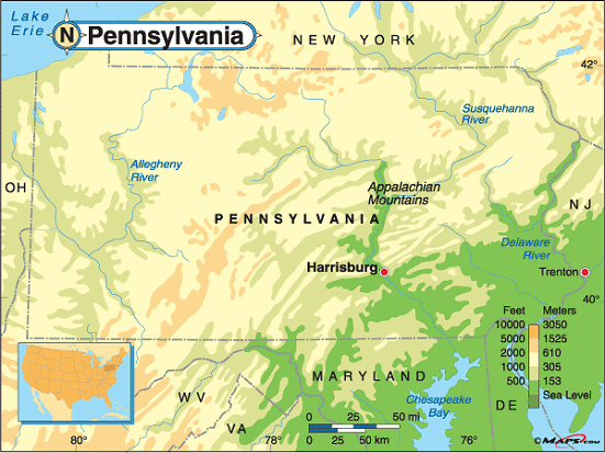 pennsylvania physique carte