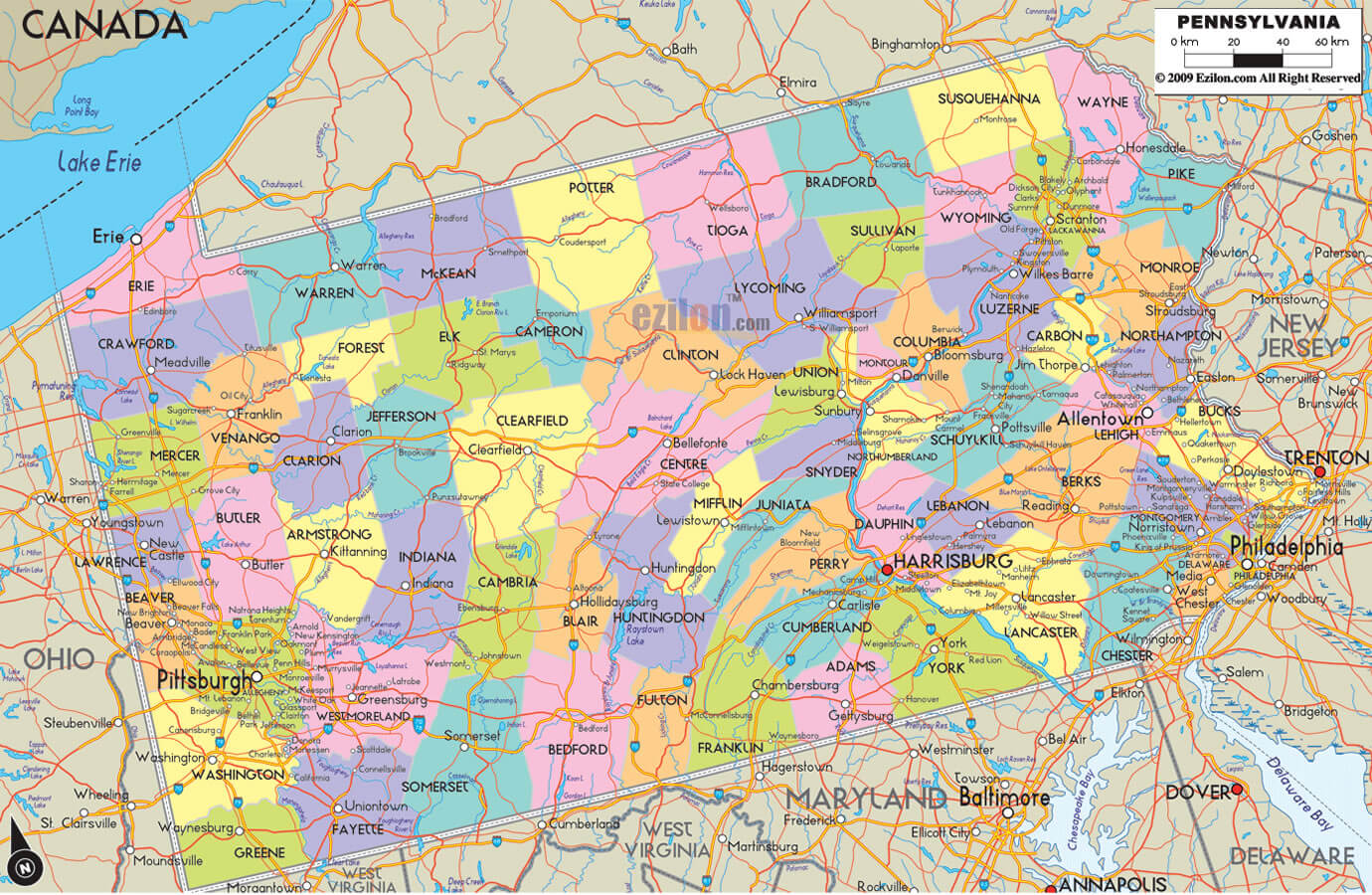 pennsylvania comtes route carte eua