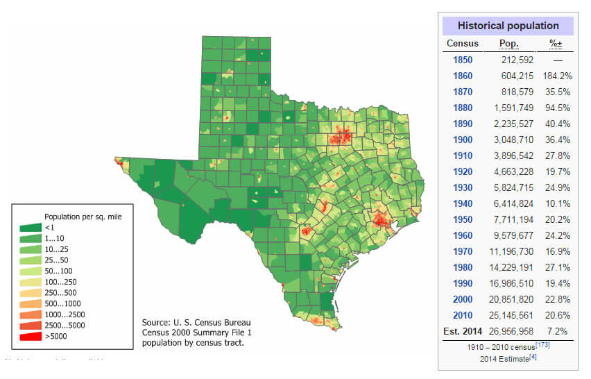 texas population carte etats unis 2010