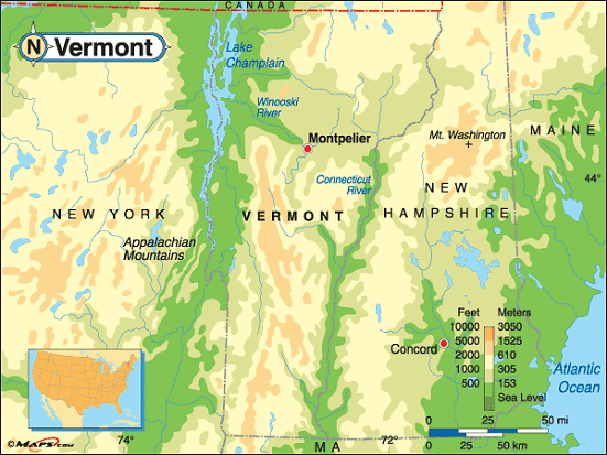 Vermont physique carte