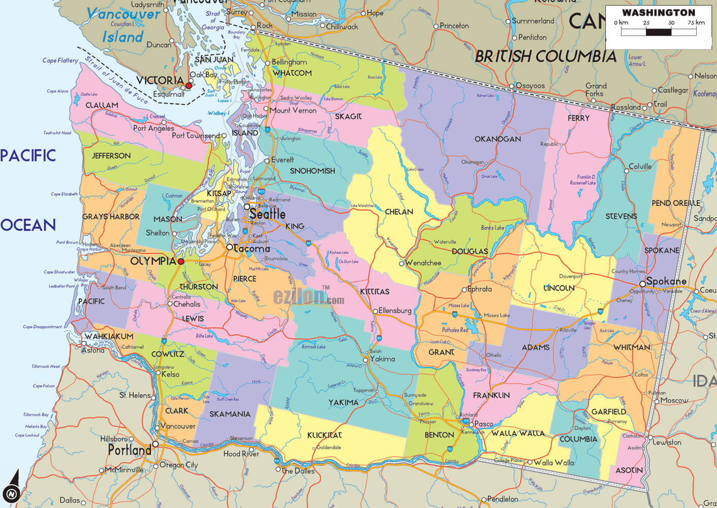 washington comtes route carte eua