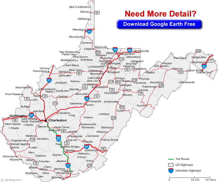 carte du ouest virginia villes