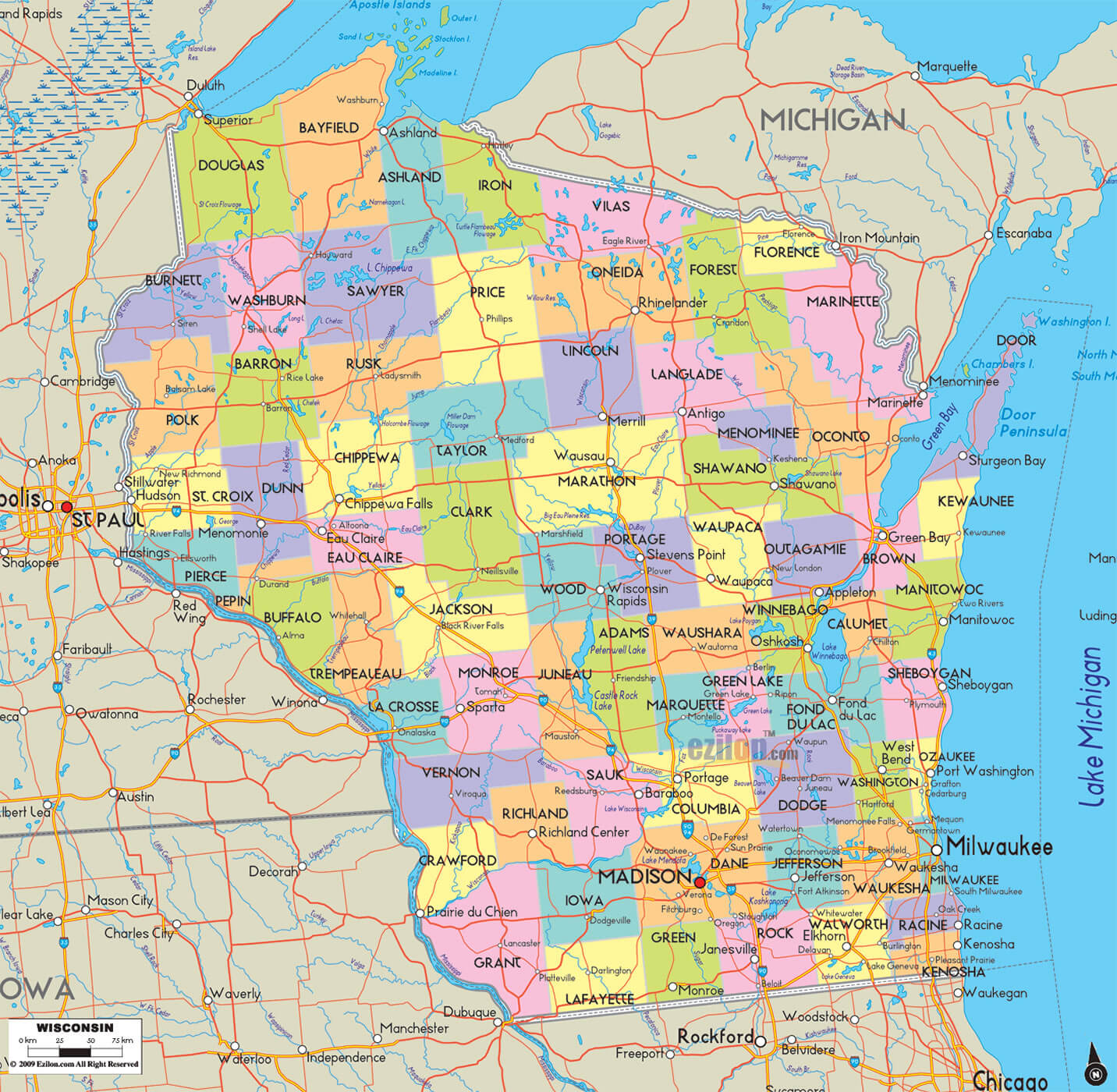 wisconsin comtes route carte eua