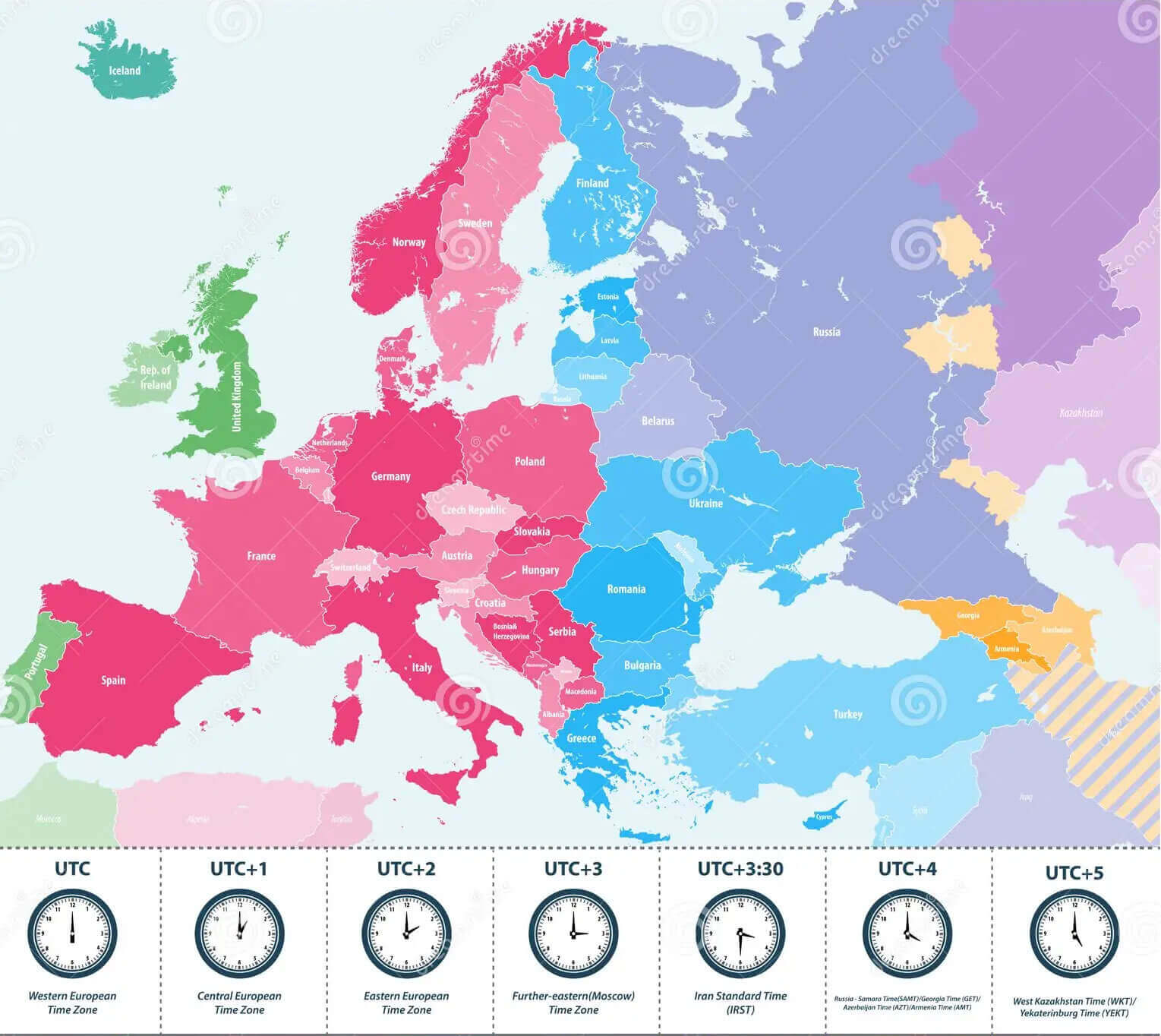 Carte detaillee fuseaux horaires pays Europe