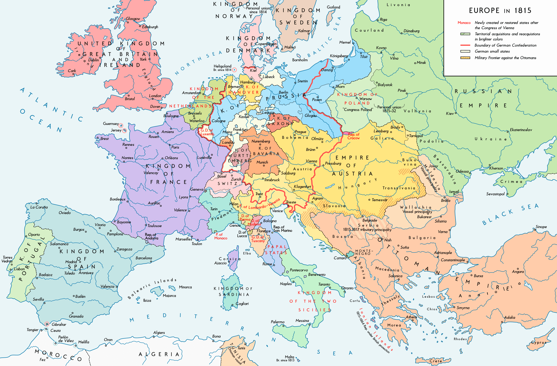 Carte grandes villes Europe 1815
