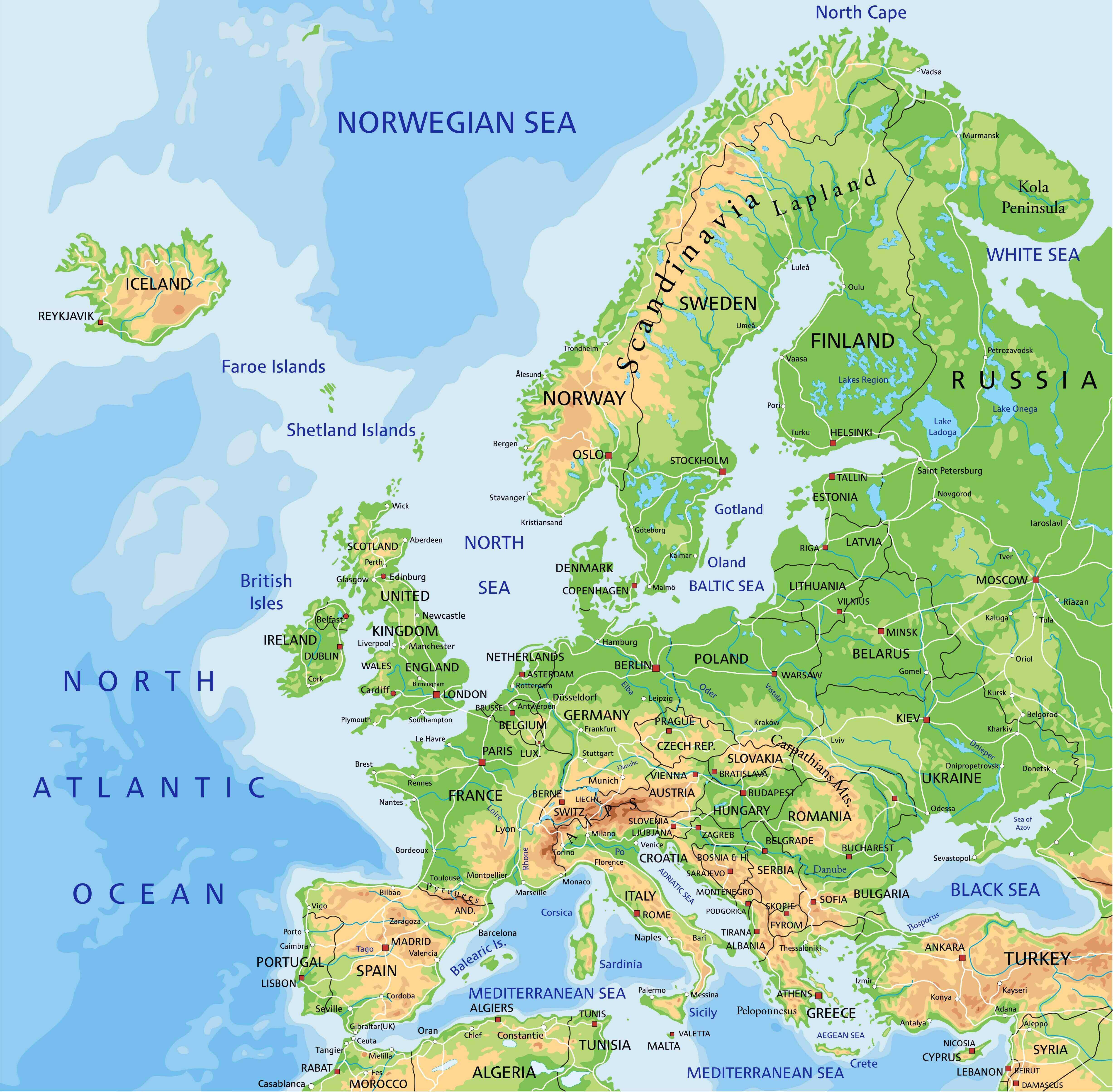 Carte physique haute resolution Europe