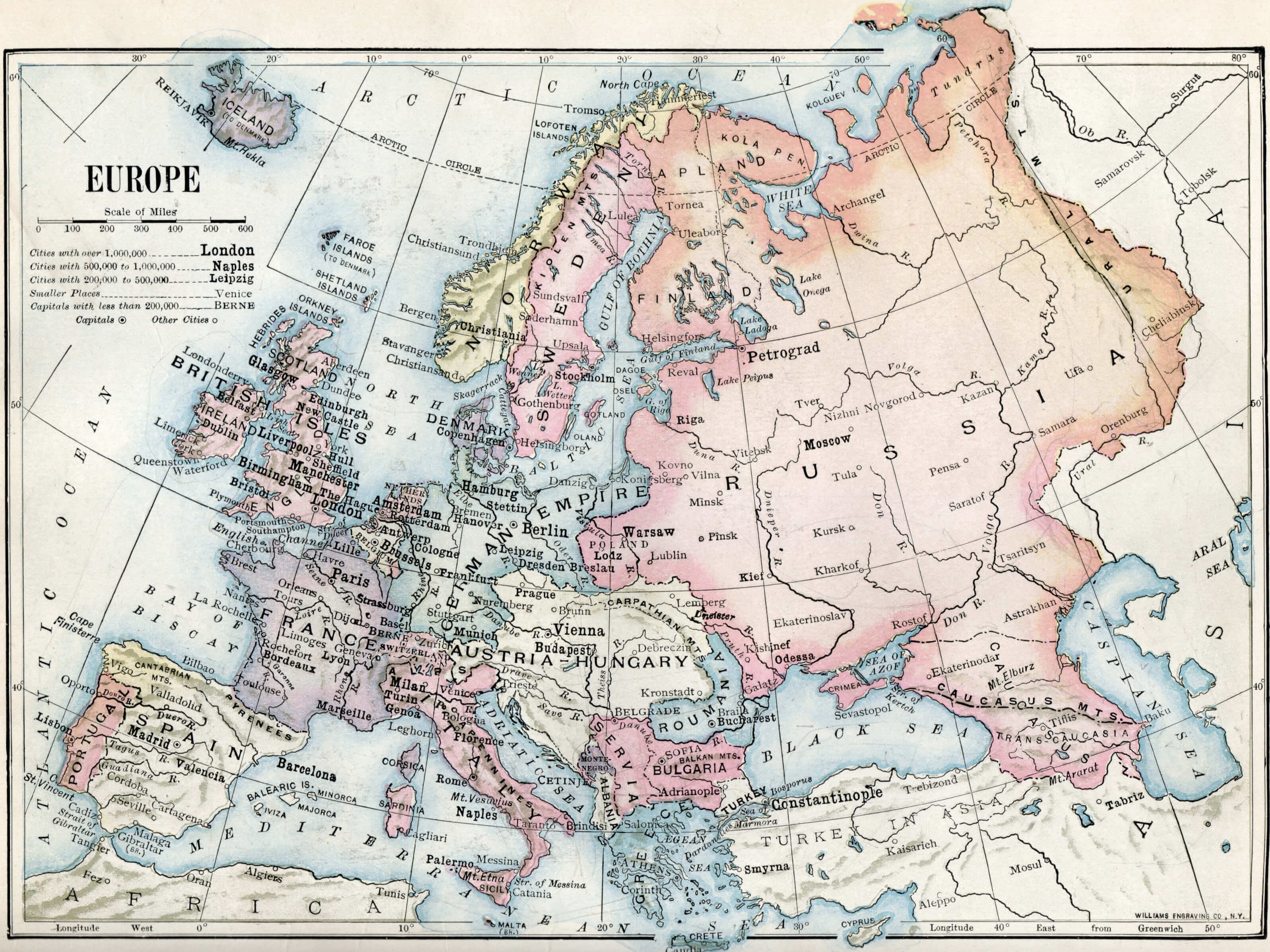 Carte politique detaillee Europe villes 1916