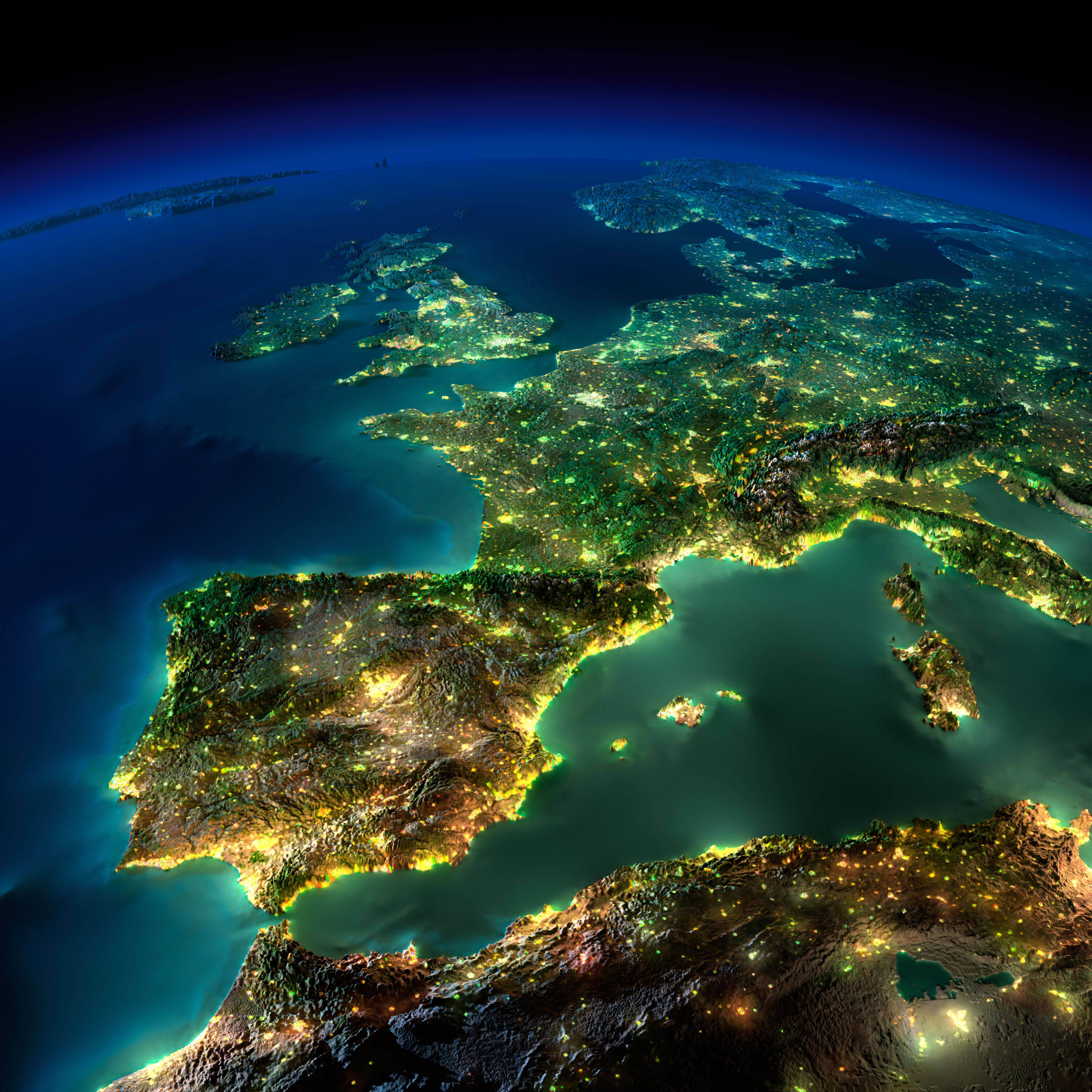 Carte satellite Europe de nuit grand format