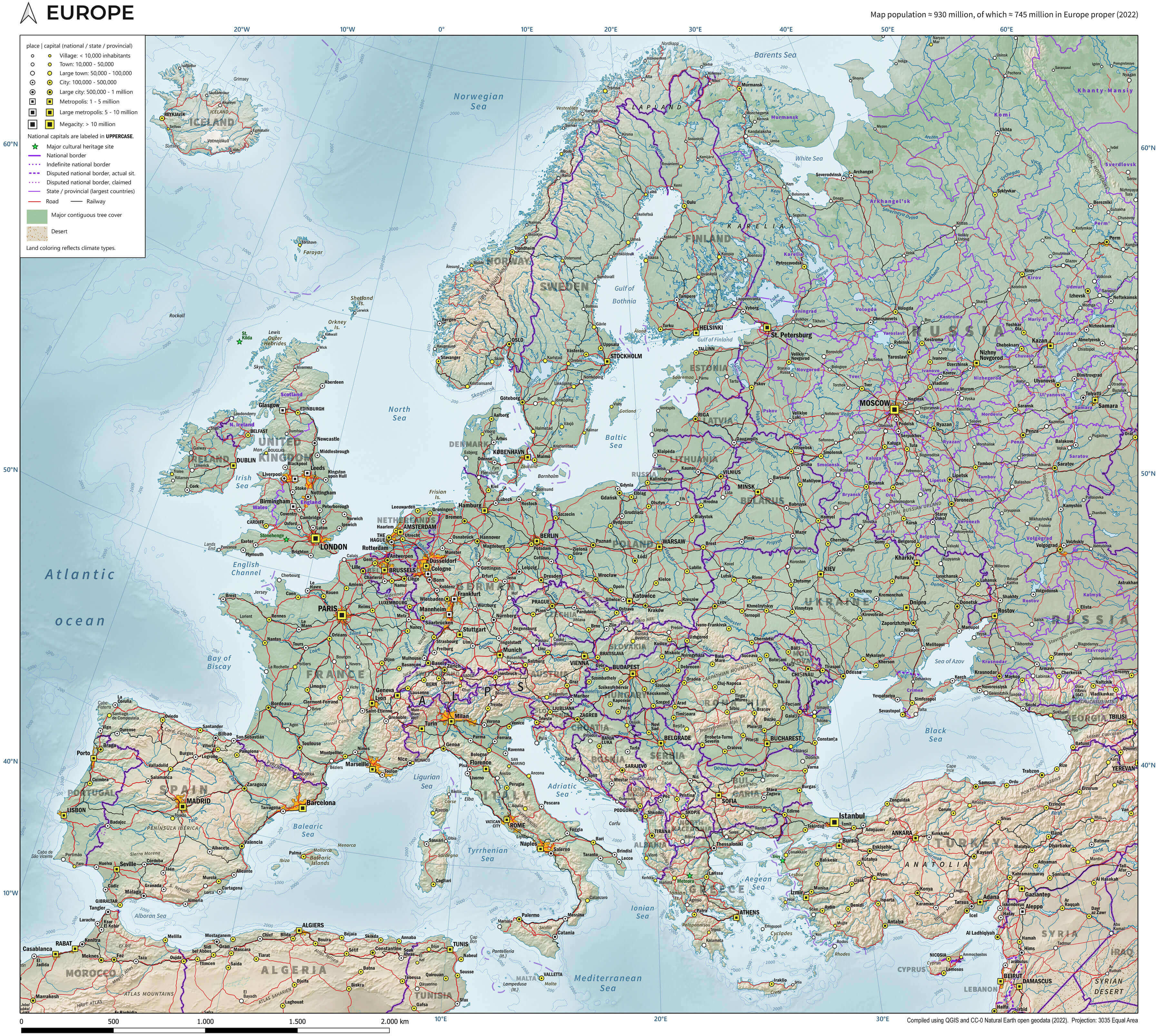 Carte topographique haute resolution Europe avec villes