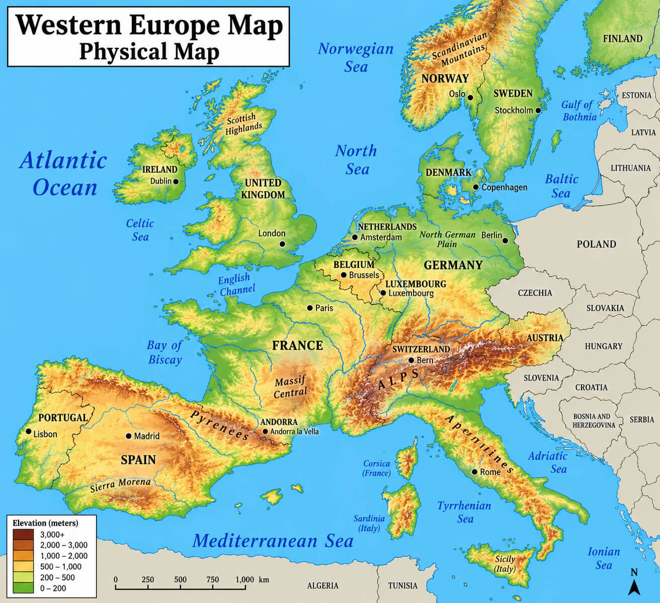 Carte Physique De Europe Occidentale