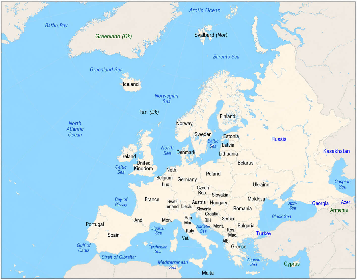 Carte frontieres pays Europe