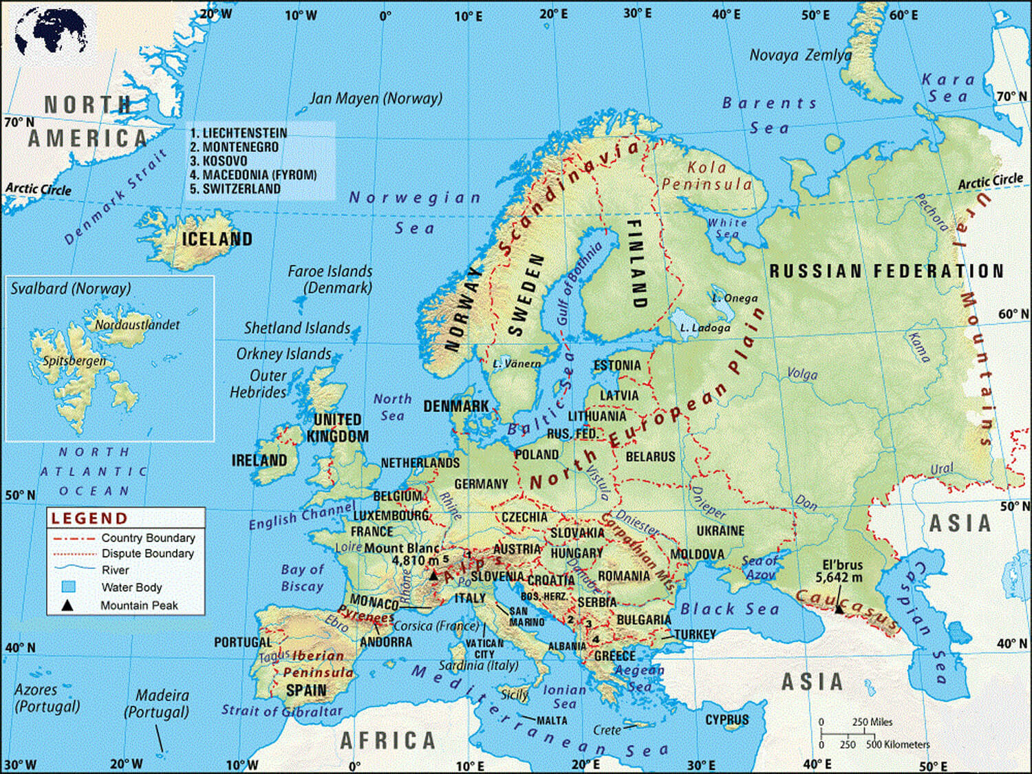 Carte physique pays Europe