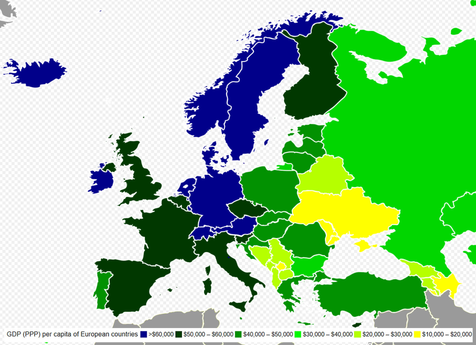 Carte pib par habitant pays Europeens
